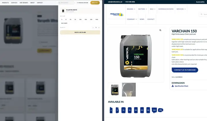 Midland Oil's new size selector beside its old product page