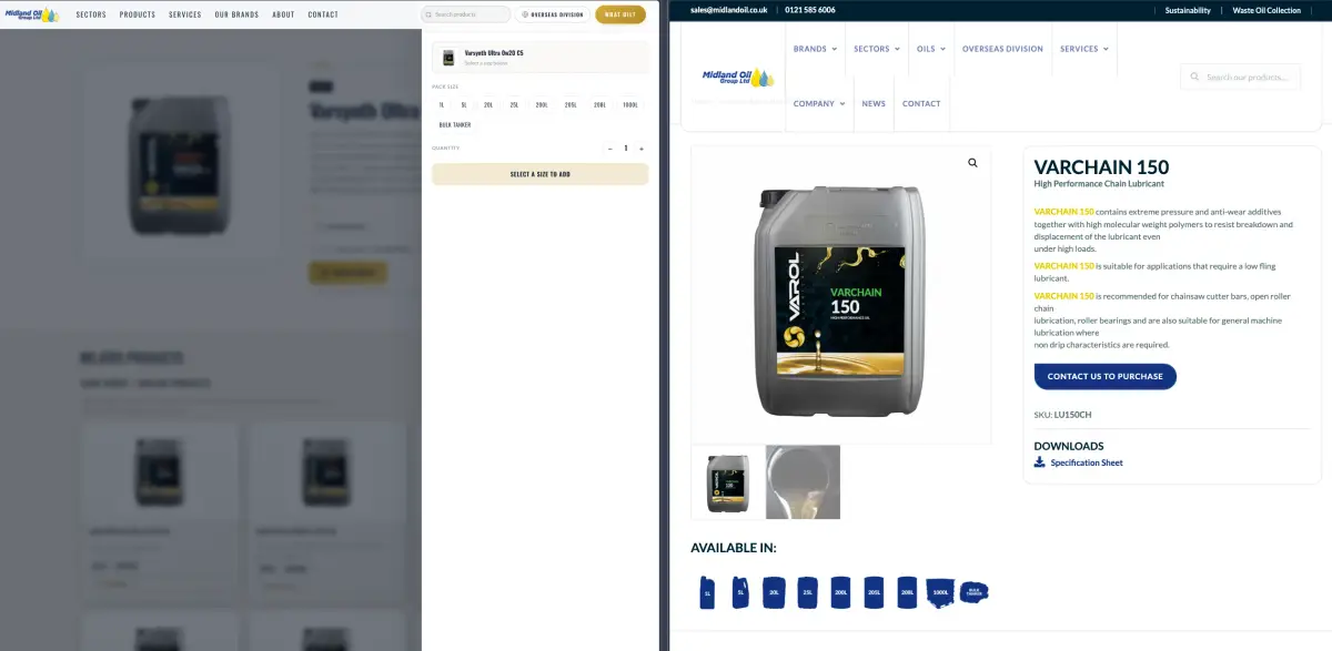 Midland Oil's new size selector beside its old product page