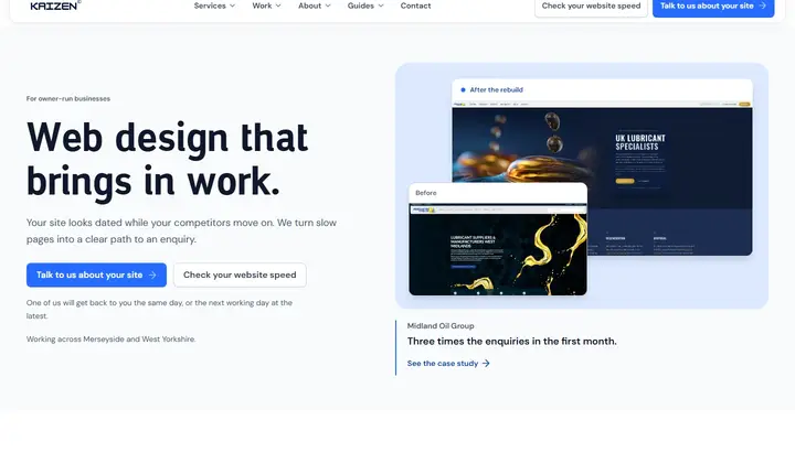 Kaizen's homepage showing website work and areas served
