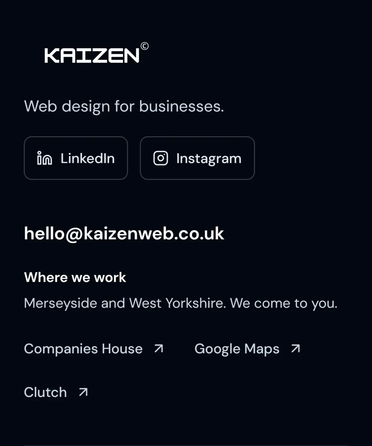 Kaizen's website footer naming Merseyside and West Yorkshire as areas served