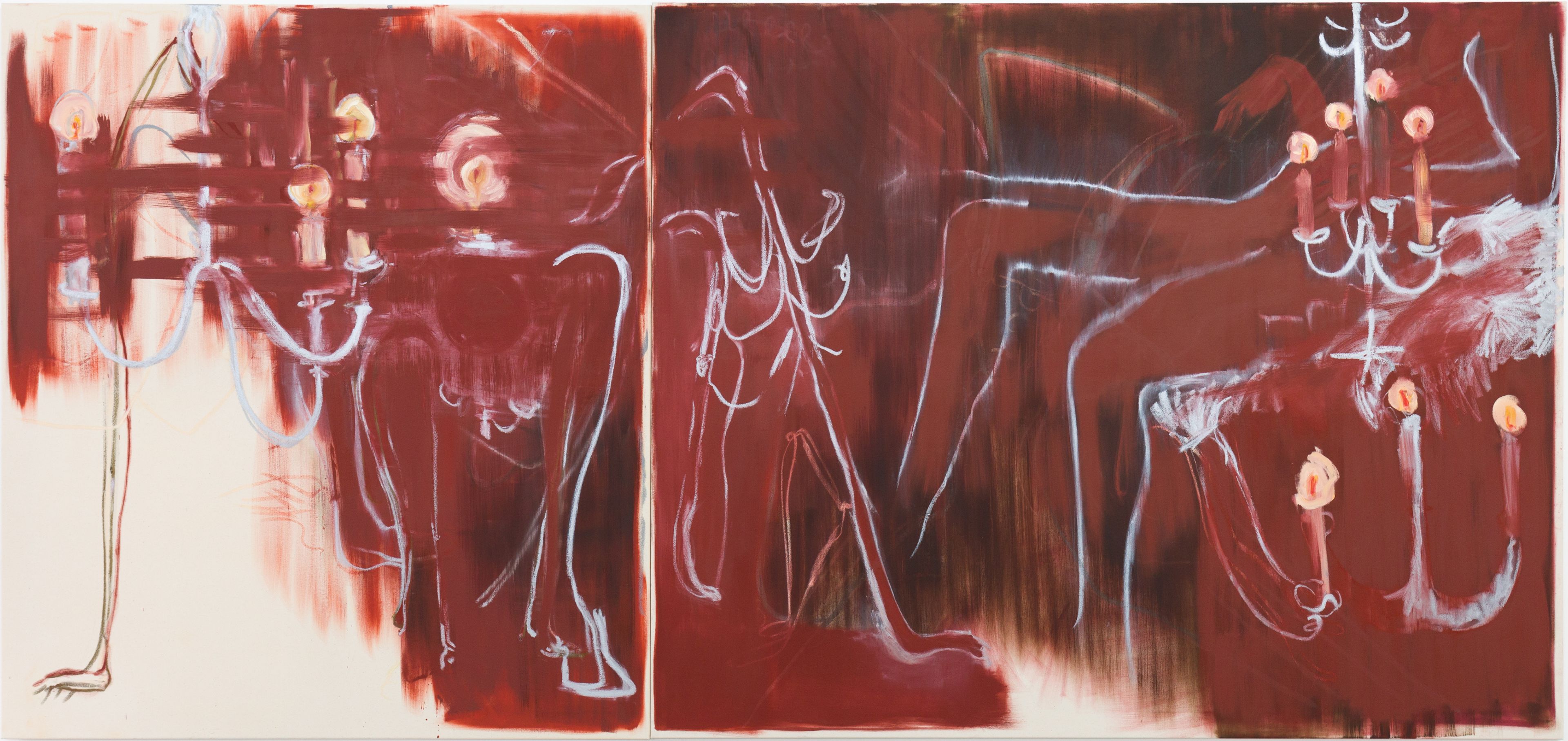 Girandola (Diptych), venetian red and silver oil stick on canvas, 170 x 350 cm by Charlott Weise, 2025