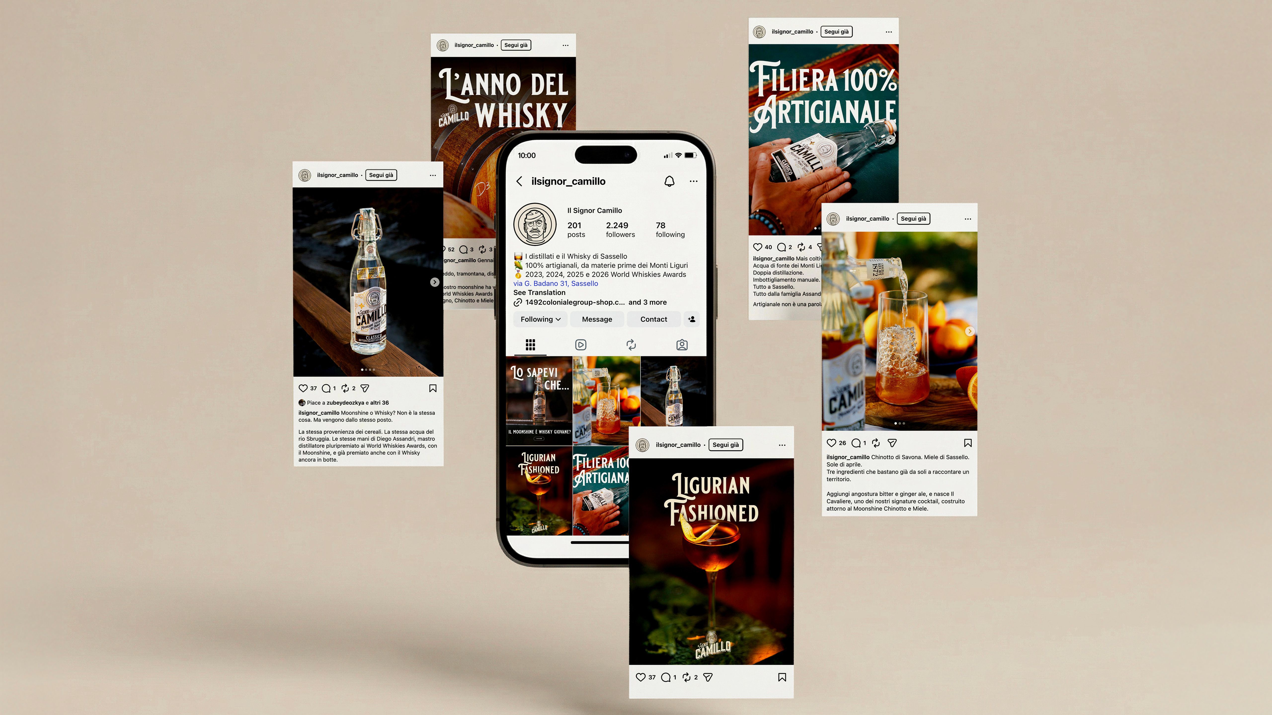 Composition of Il Signor Camillo Instagram screens with spirit bottles, cocktails and promotional graphics on a beige background