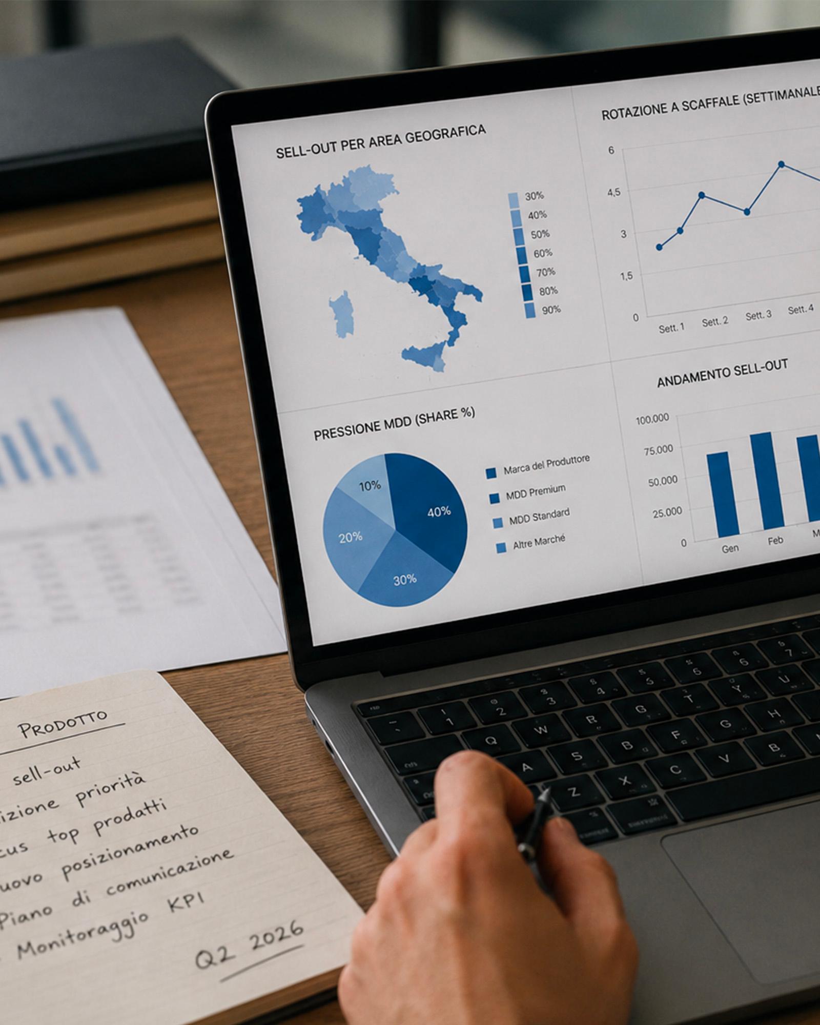 un-inquadratura-ravvicinata-dall-alto-dello-schermo-di-un-laptop-che-mostra-una-dashboard-aziendale-con-diversi-grafici-di-analisi-dati-tra-cui-una-mappa-dell-italia-per-il-sell-out-per-area-geografica-un-grafico-a-torta-sulla-pressione-mdd-e-grafici-a-linee-e-barre-sull-andamento-delle-vendite-in-primo-piano-la-mano-di-una-persona-impugna-una-penna-vicino alla-tastiera-mentre-sulla-scrivania-in-legno-sono-presenti-fogli-stampati-e-un-blocco-note-con-appunti-scritti-a-mano-intitolati-prodotto-relativi-a-strategie-e-al-monitoraggio-kpi-per-il-secondo-trimestre-duemilaventisei