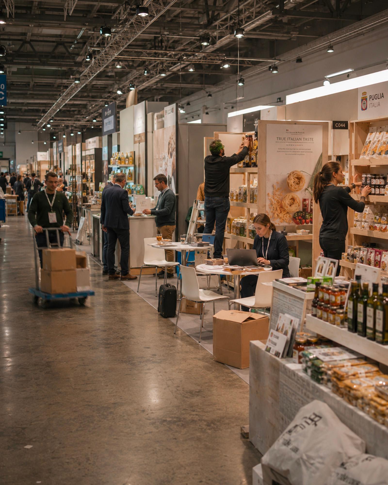 uno-scatto-prospettico-all'interno-di-un-ampio-padiglione-fieristico-dedicato-ai-prodotti-agroalimentari-con-espositori-del-marchio-puglia-italia-e-la-scritta-true-italian-taste-lungo-il-corridoio-diverse-persone-si-muovono-tra-gli-stand-tra-cui-un-uomo-che-spinge-un-carrello-con-degli-scatoloni-mentre-gli-espositori-sistemano-i-prodotti-sugli-scaffali-in-legno-e-una-donna-lavora-al-computer-seduta-a-un-tavolino