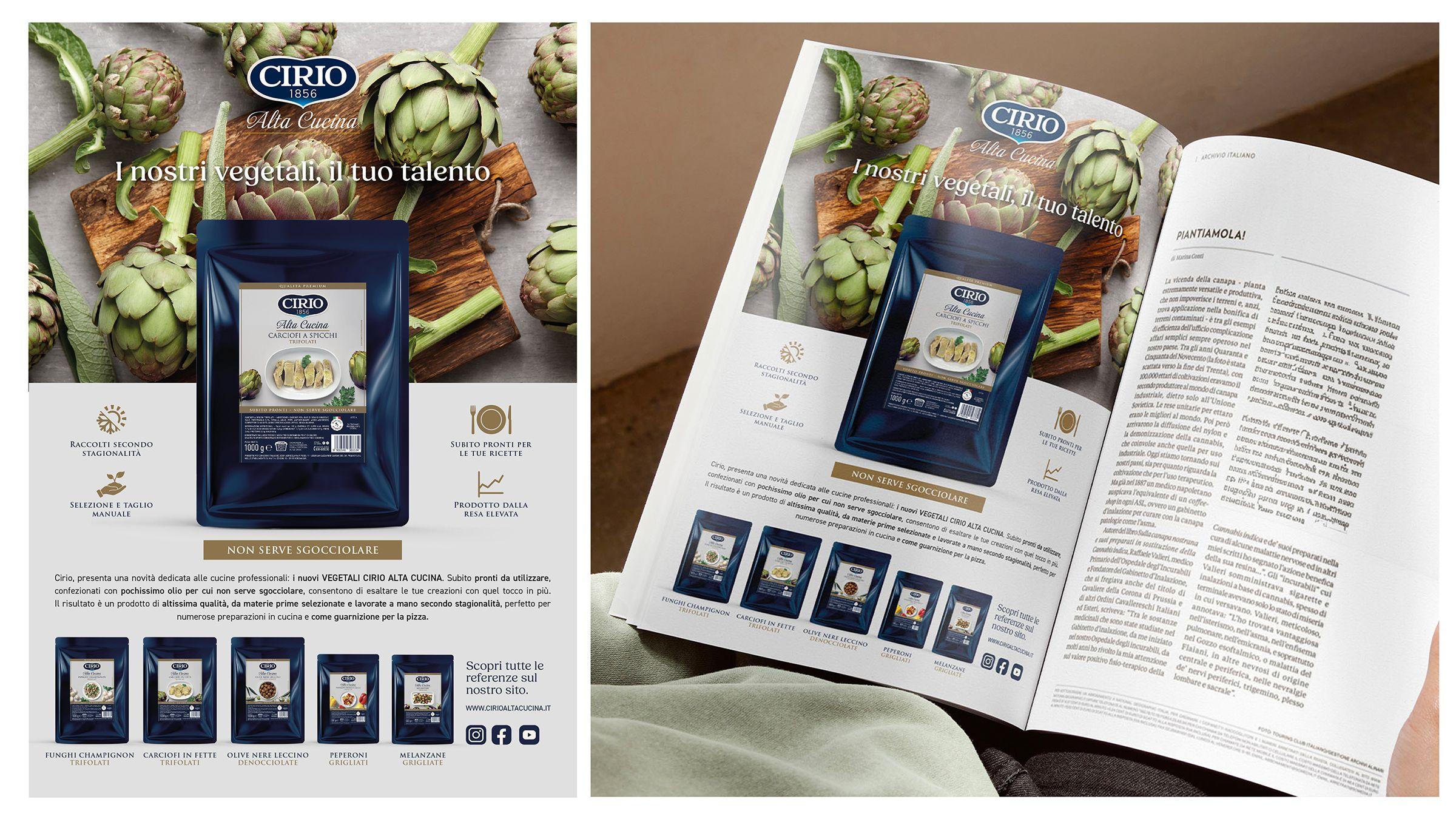 presentation of the Cirio Alta Cucina vegetable line showing the digital advertising graphic on the left and the same page printed inside an open magazine on the right; the ad shows fresh artichokes on a wooden cutting board, a blue bag of Cirio sauteed artichoke wedges, the slogan 'our vegetables, your talent', and below it five other packs from the range including mushrooms, olives, peppers, and eggplant