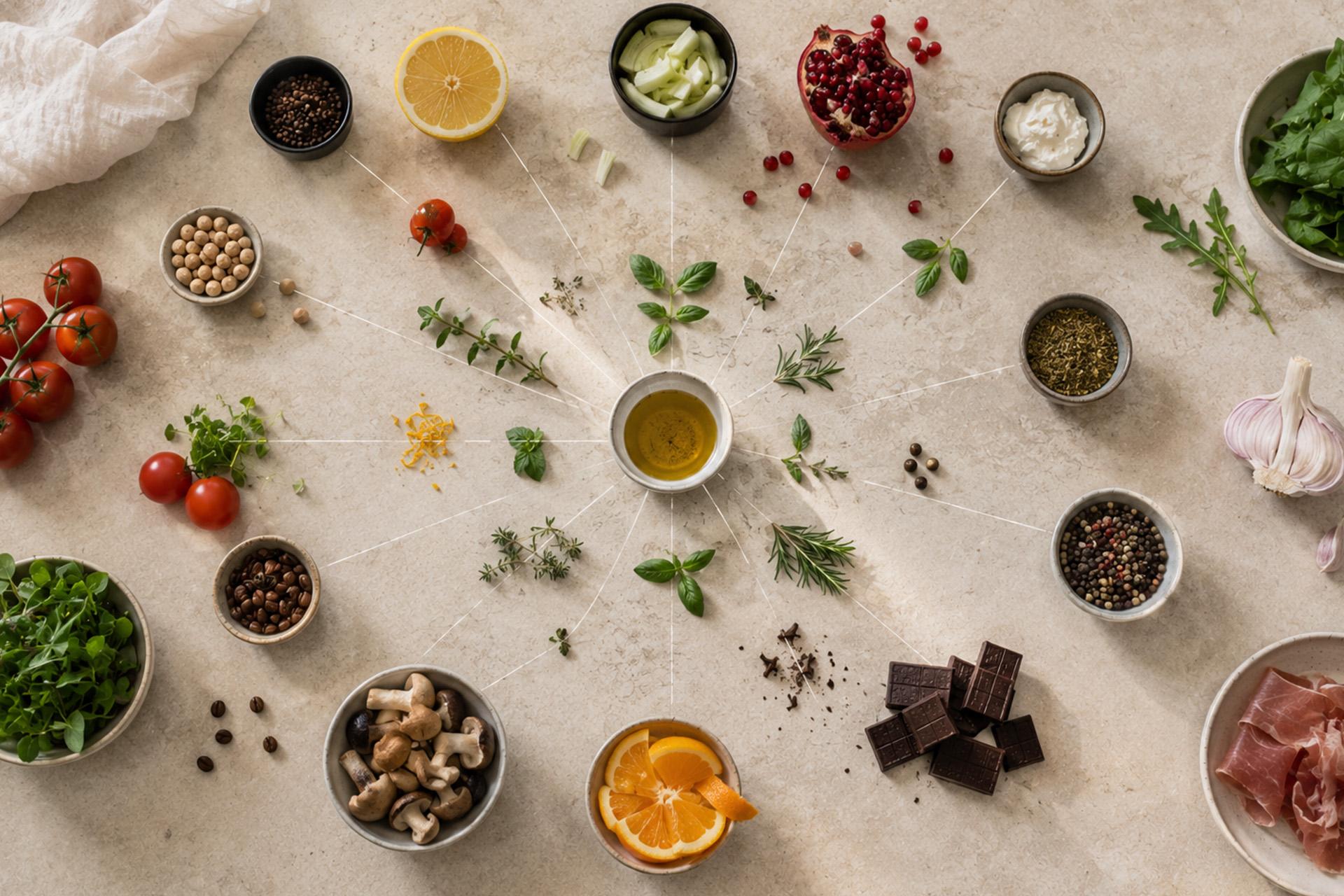 overhead view of various bowls and fresh ingredients arranged in a radial pattern around a central bowl of olive oil connected by thin white lines the ingredients include tomatoes lemon mushrooms orange chocolate ham spices coffee beans and aromatic herbs