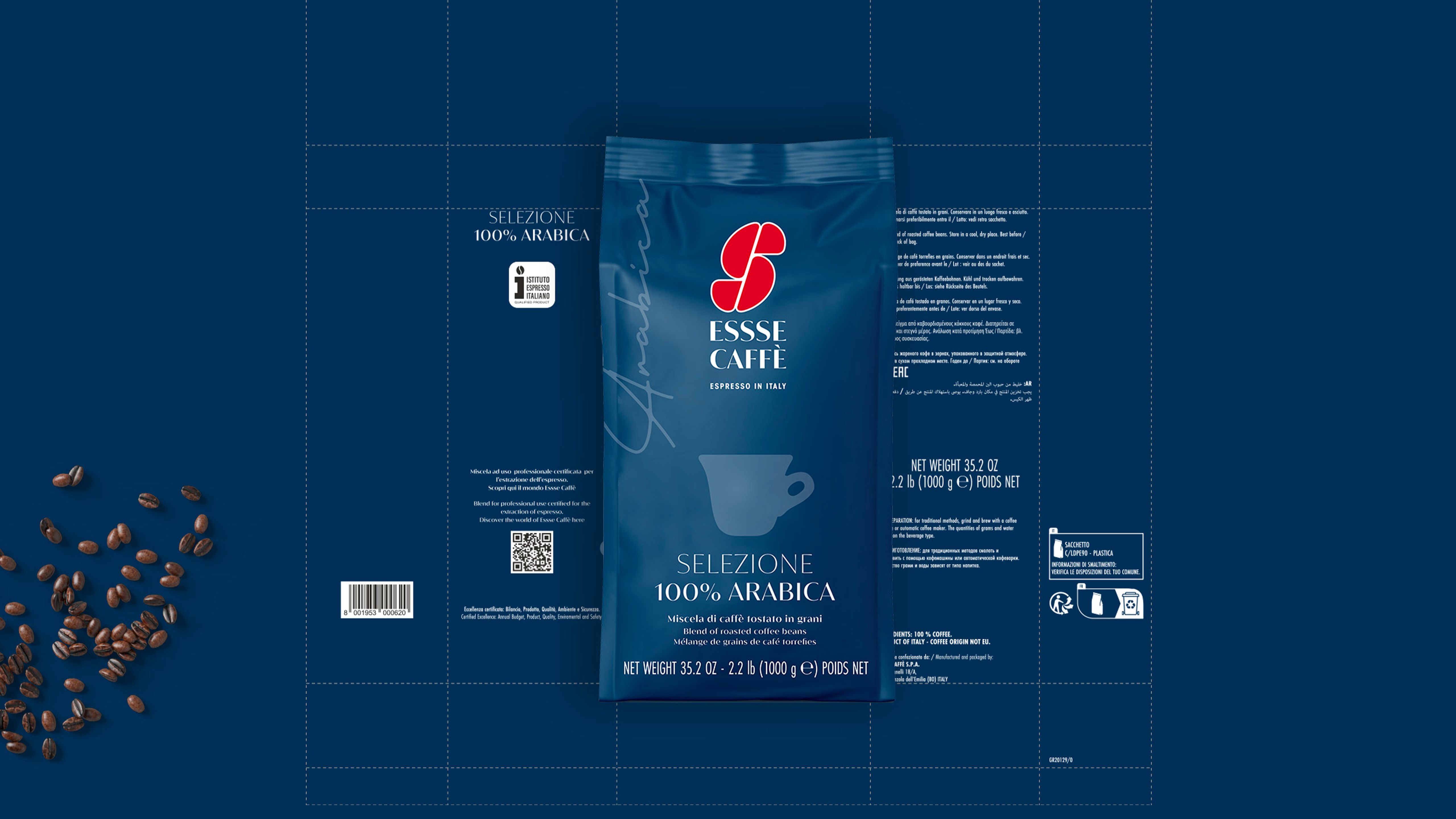 Essse Caffè whole bean coffee packs — Selezione Speciale, Classica and 100% Arabica — arranged on a beige background.