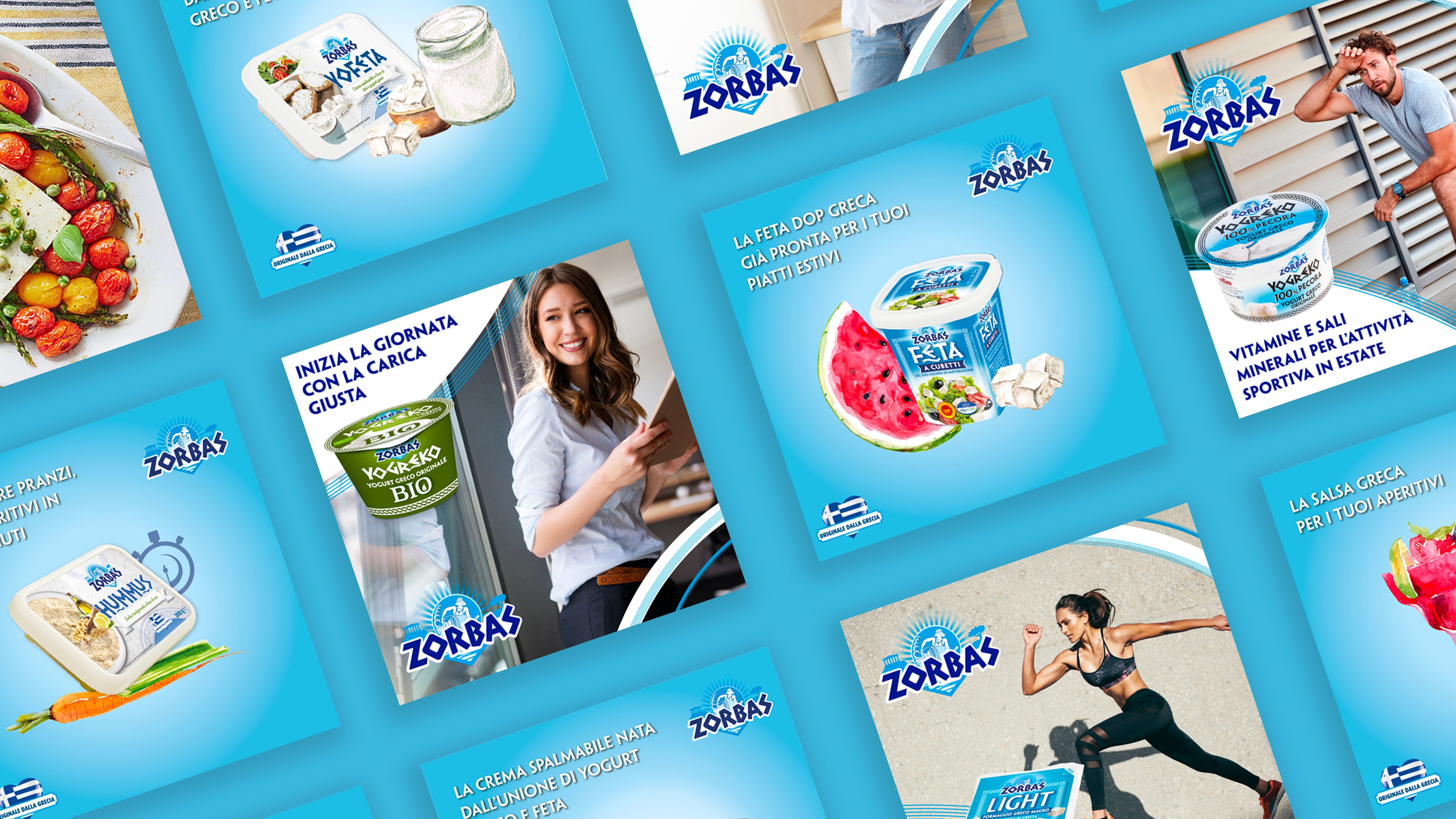 Zorbas diced feta packs arranged on a light-blue background.