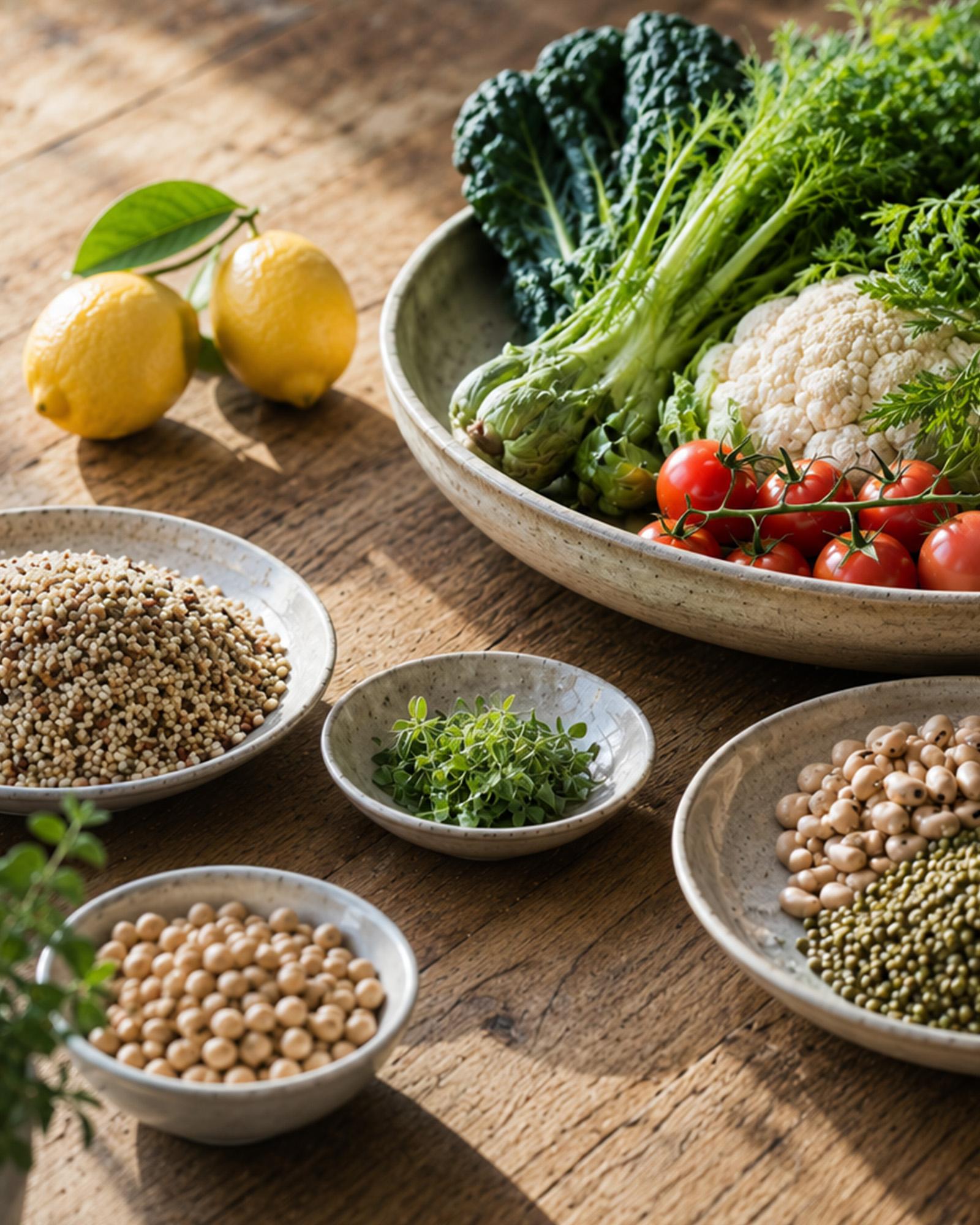 tavolo in legno con varie ciotole di legumi cereali erbe aromatiche una bottiglia d olio d oliva due limoni e un ampio vassoio con verdure fresche tra cui carote cavolfiore pomodorini e cavolo nero