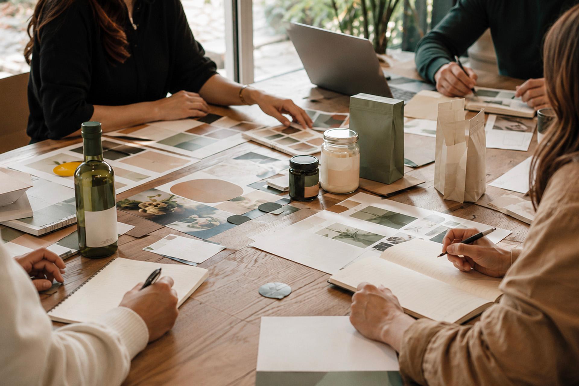 un-gruppo-di-quattro-persone-sedute-attorno-a-un-tavolo-di-legno-che-lavorano-su-un-progetto-di-branding-sul-tavolo-ci-sono-una-bottiglia-di-vino-sacchetti-di-caffè-barattoli-una-mood-board-con-campioni-di-colore-e-materiali-notebook-e-un-laptop-tutte-le-persone-sono-sfocate-mentre-gli-oggetti-sul-tavolo-sono-a-fuoco