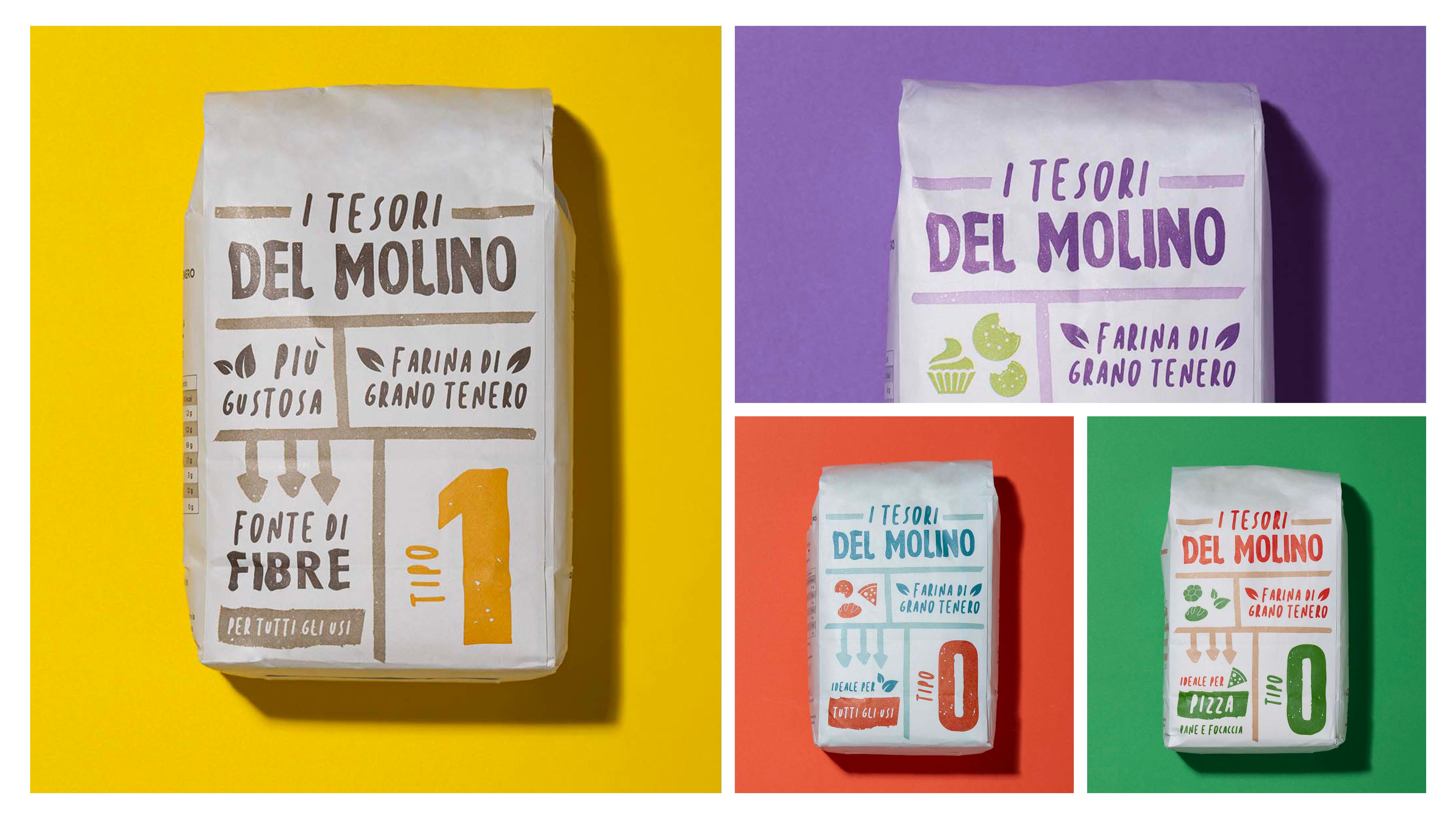 Composition of Tesori del Molino flour packs, type 0 and type 1, on yellow, purple, red, and green backgrounds