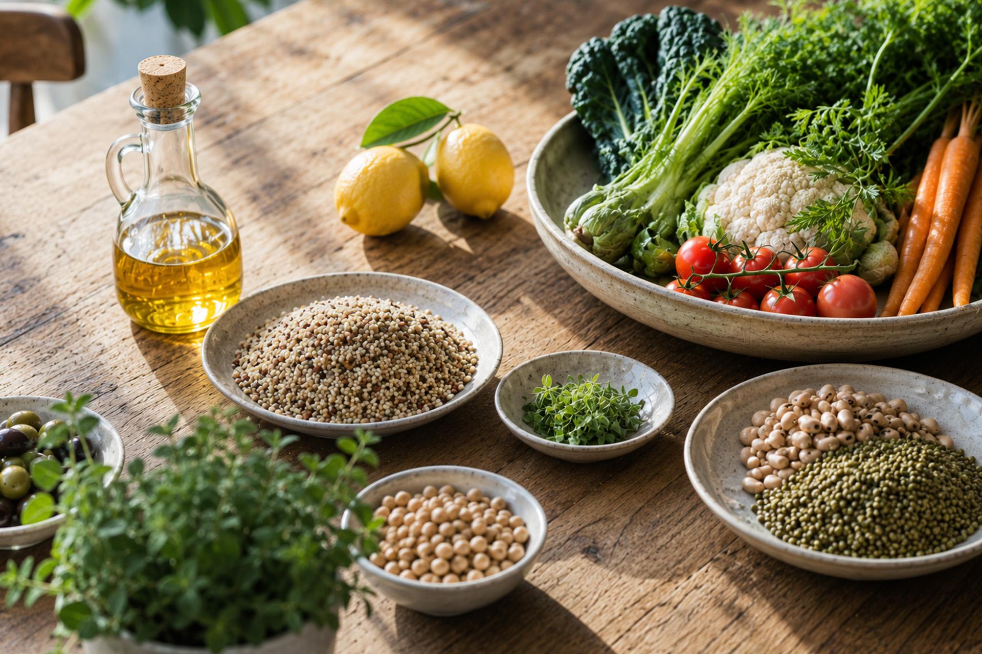 wooden table with various bowls of legumes, grains, aromatic herbs, a bottle of olive oil, two lemons and a large tray of fresh vegetables including carrots, cauliflower, cherry tomatoes and black kale