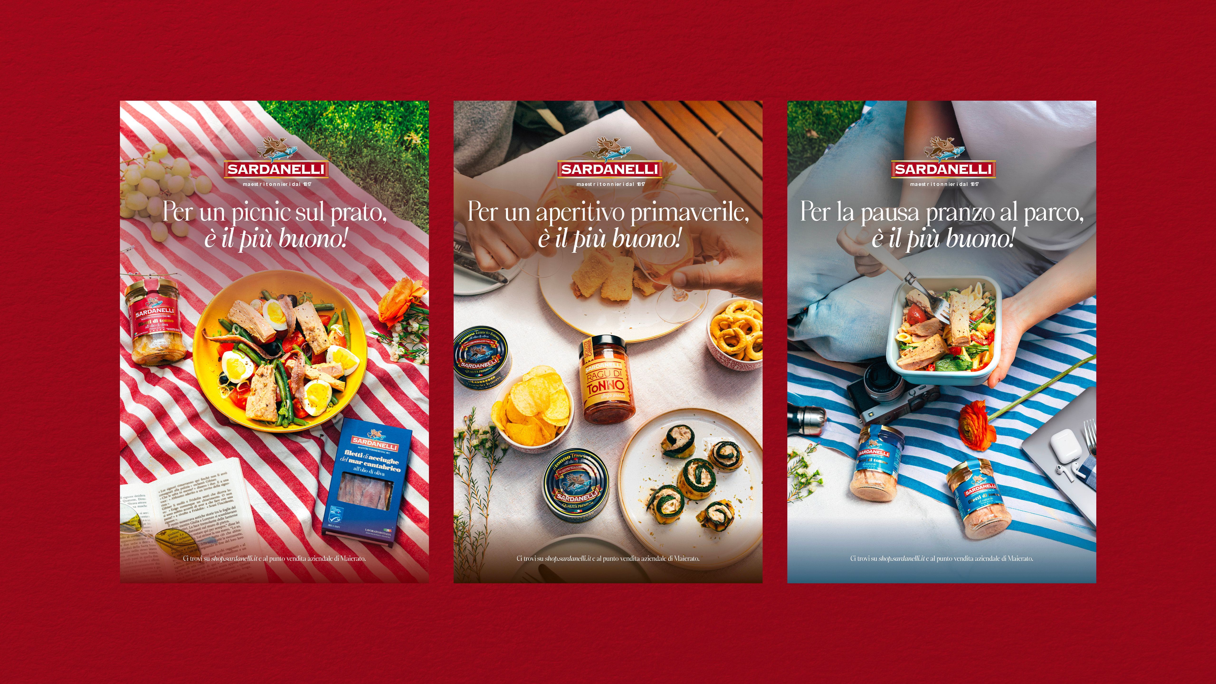 A composition of three Sardanelli promotional graphics featuring tuna-based dishes for picnics, aperitifs and lunch breaks, on a red background.