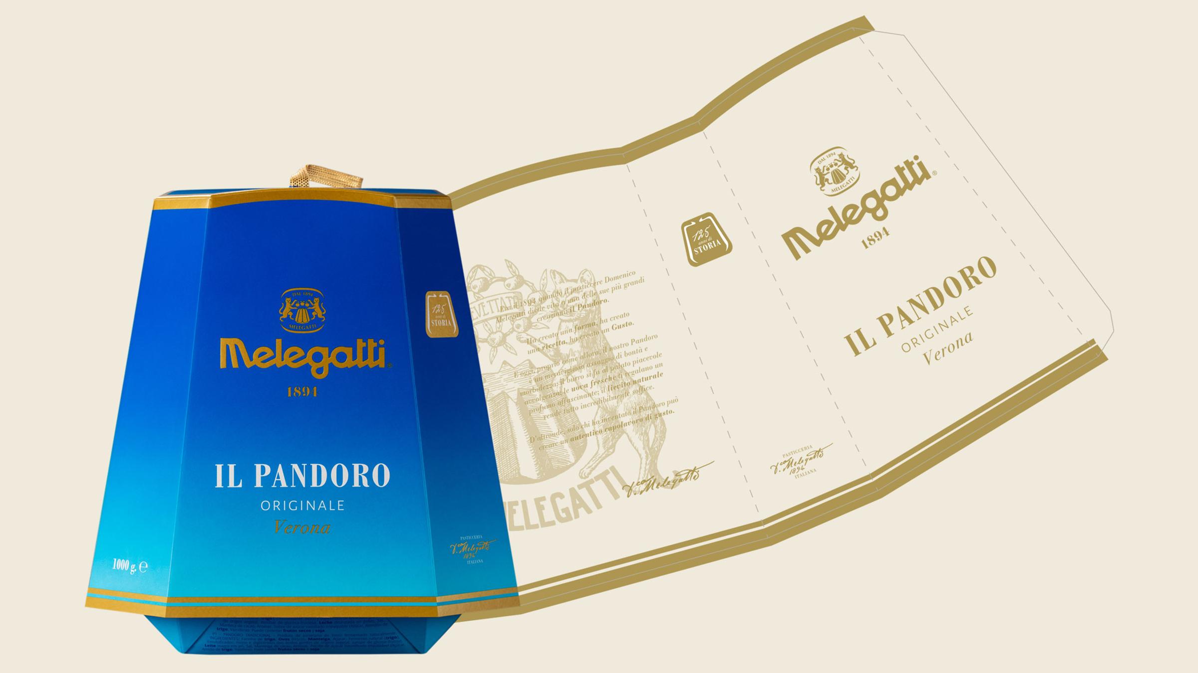 presentazione-della-confezione-speciale-del-pandoro-melegatti-che-mostra-sia-la-scatola-chiusa-che-aperta-mostrando-all'interno-la-storia-del-pandoro-scatola-esagonale-di-color-blu-acceso-su-sfondo-color-panna-con-logo-scritto-in-oro-e-testo-il-pandoro-originale-verona-sotto-al-logo-melegatti-1894