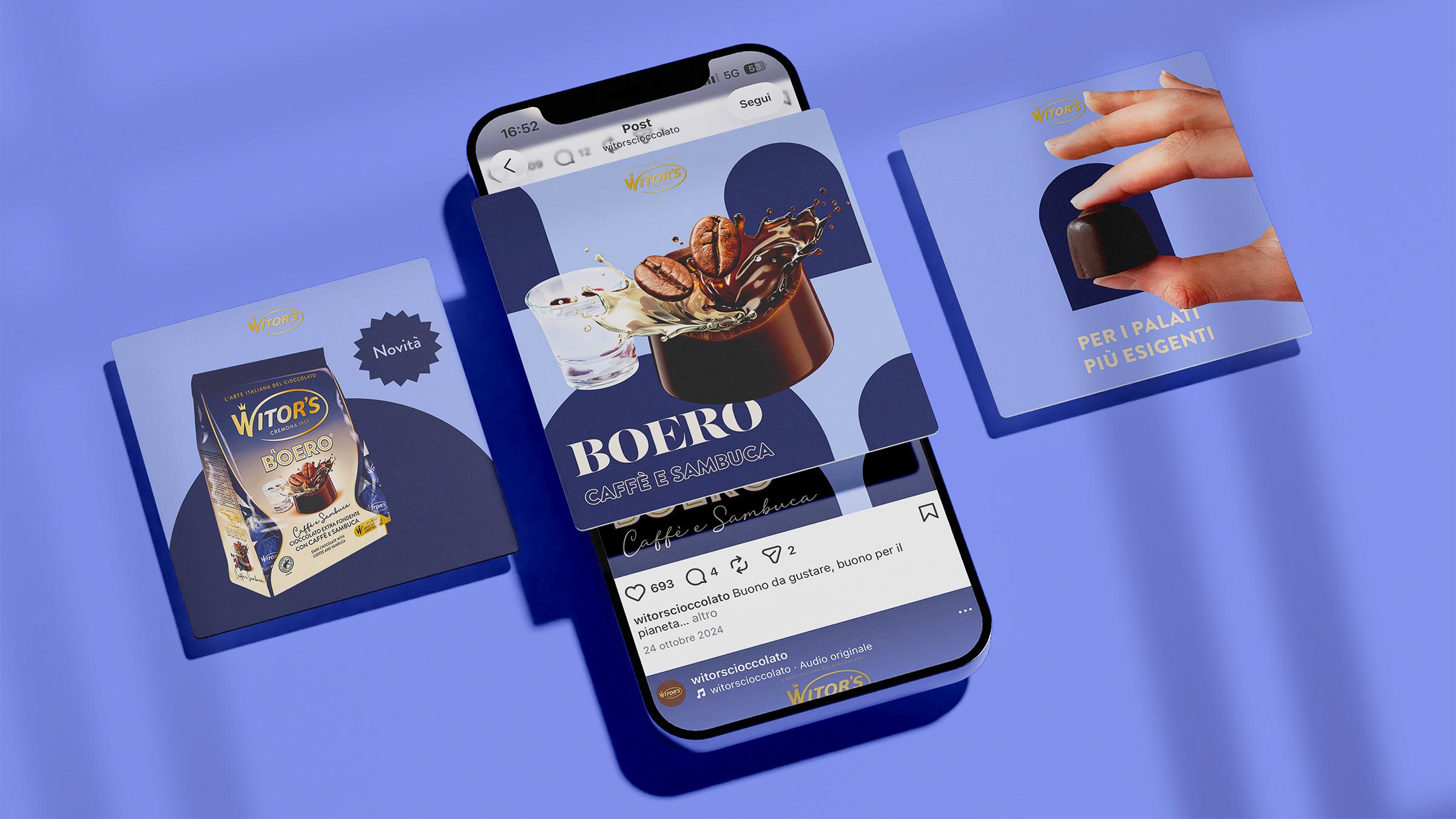 tre-post-per-instagram-disposti-su-uno-sfondo-blu-con-al-centro-uno-smartphone-che-mostra-un-post-il-post-sul-telefono-mostra-l'immagine-centrale-di-un-boero-caffè-e-sambuca-sopra-il-testo-witor's-boero-caffè-e-sambuca-il-carosello-di-post-ai-lati-mostra-a-sinistra-la-confezione-di-boero-witor's-con-il-bollino-novità-e-a-destra-una-mano-che-porge-un-cioccolatino-con-il-testo-per-i-palati-più-esigenti
