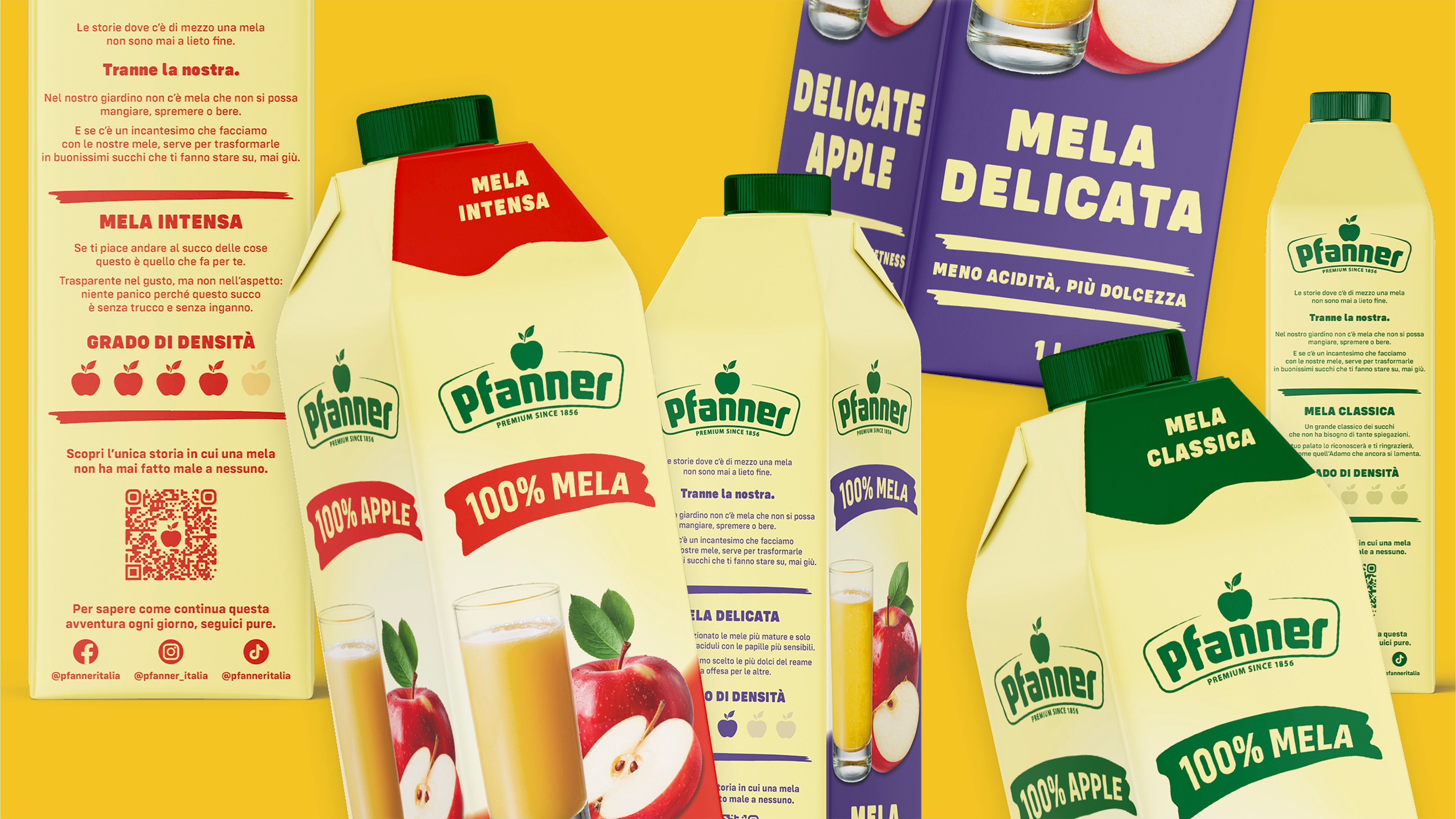 Pfanner apple juice packs — Intensa, Delicata, and Classica — showing back-of-pack and product information on a yellow background