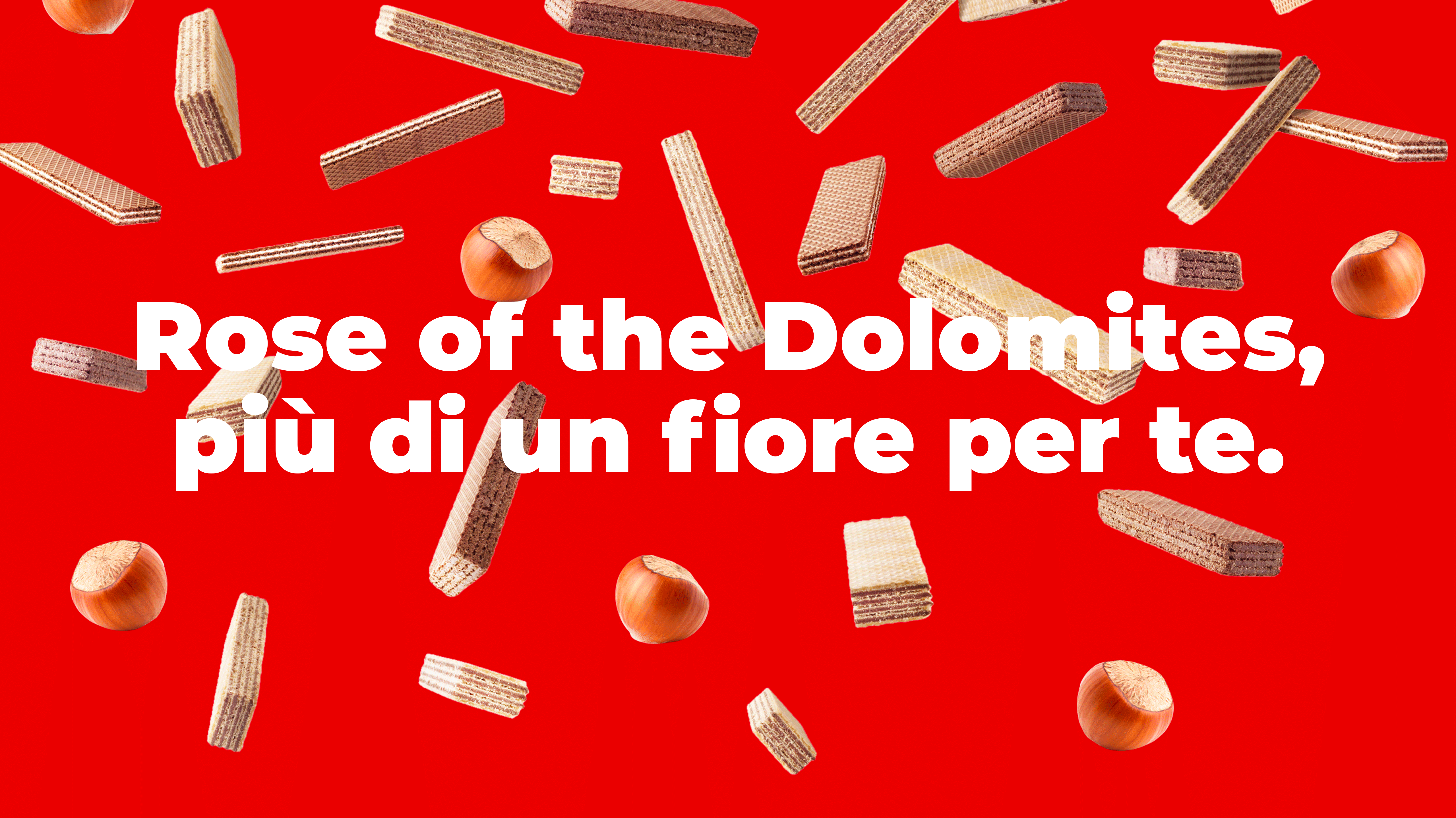 Loacker promotional composition with vanilla and chocolate Minis wafers on a red background, featuring the tagline 'che bontà' (so good)