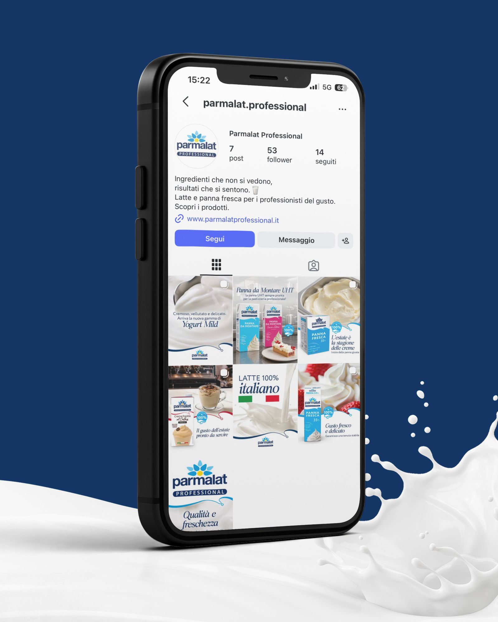 Smartphone showing the Parmalat Professional Instagram profile on a blue background with a milk splash
