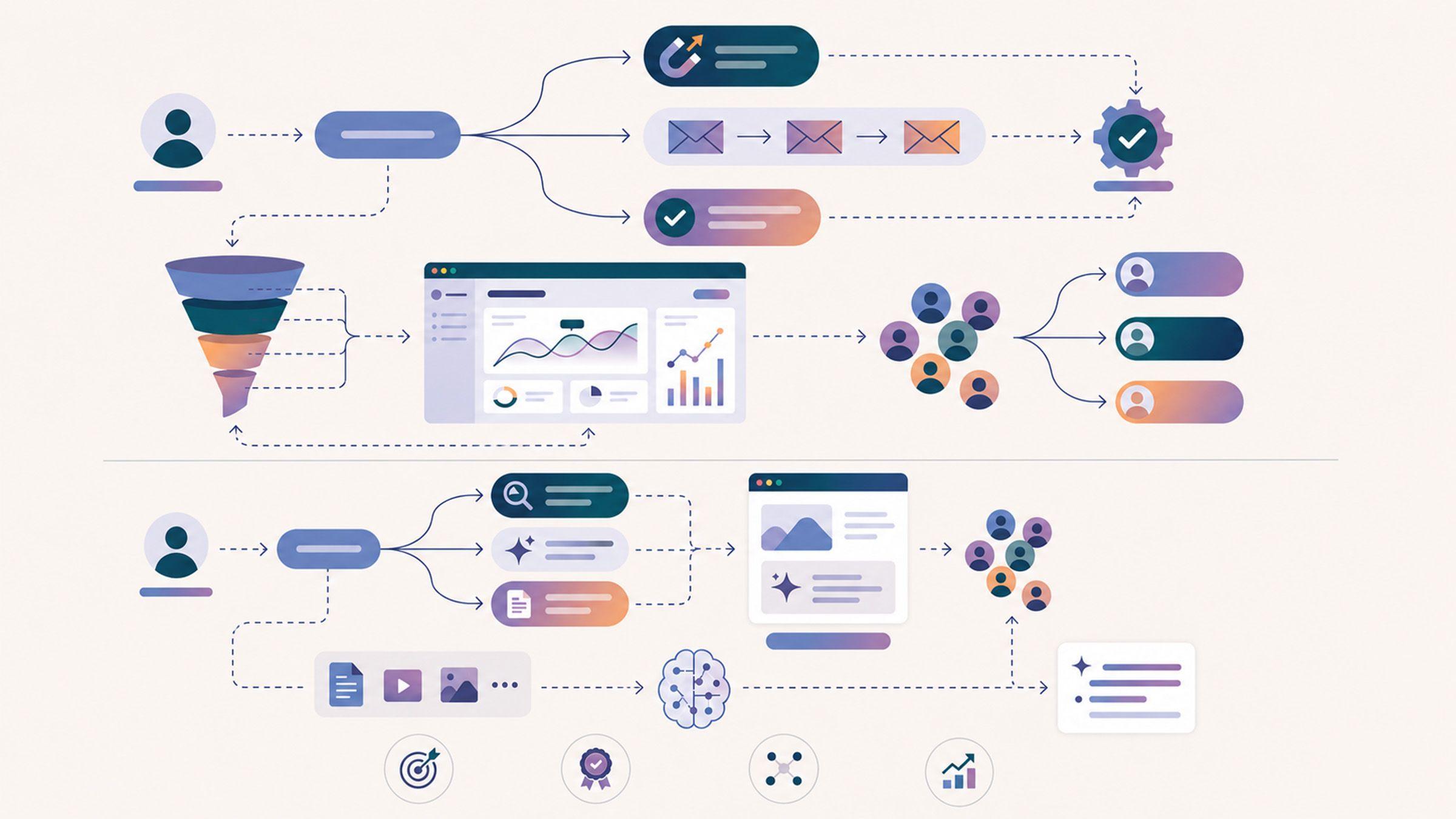 a digital marketing flowchart with two main sections