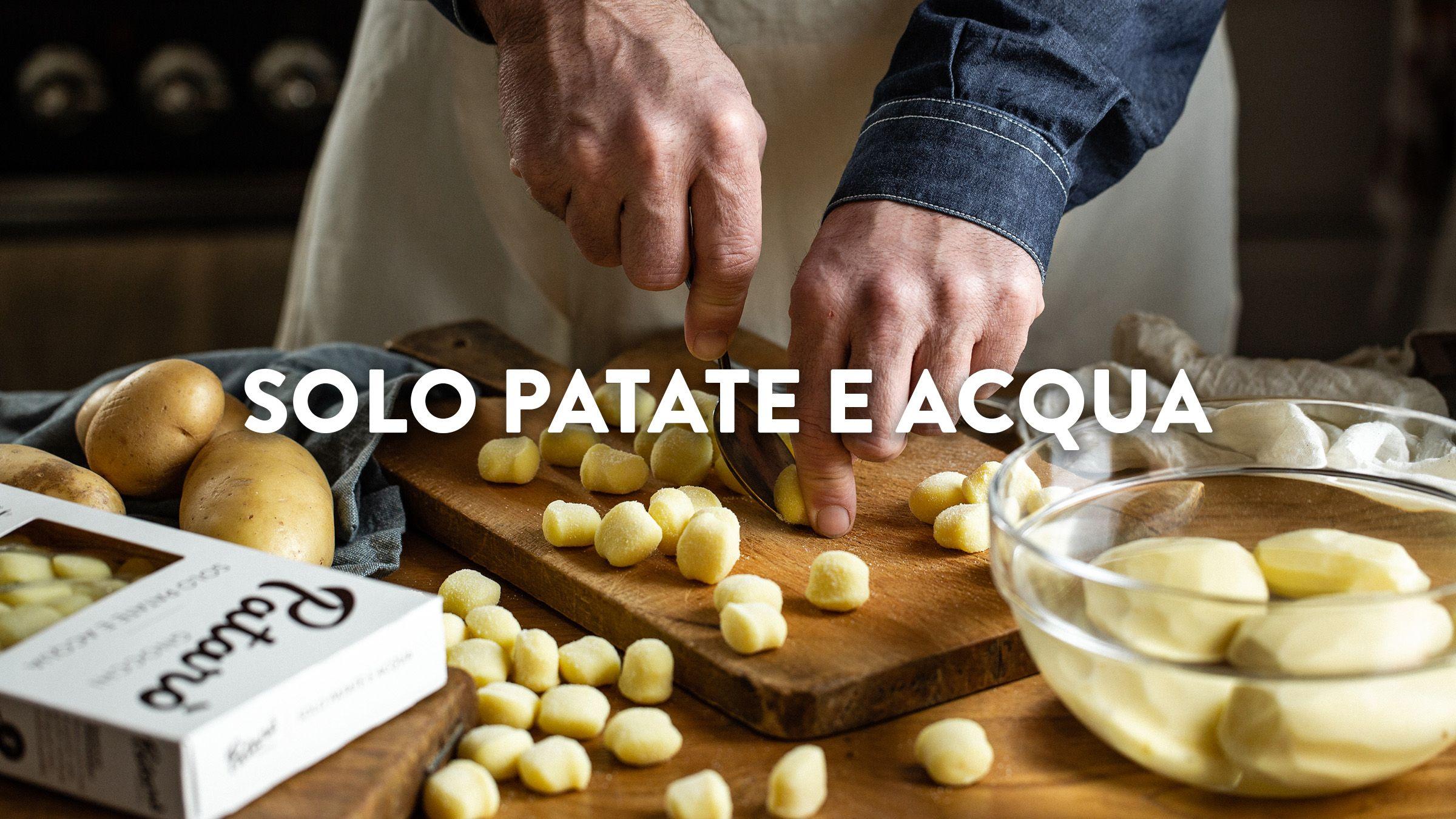 Hands cutting potato gnocchi beside the caption only potatoes and water