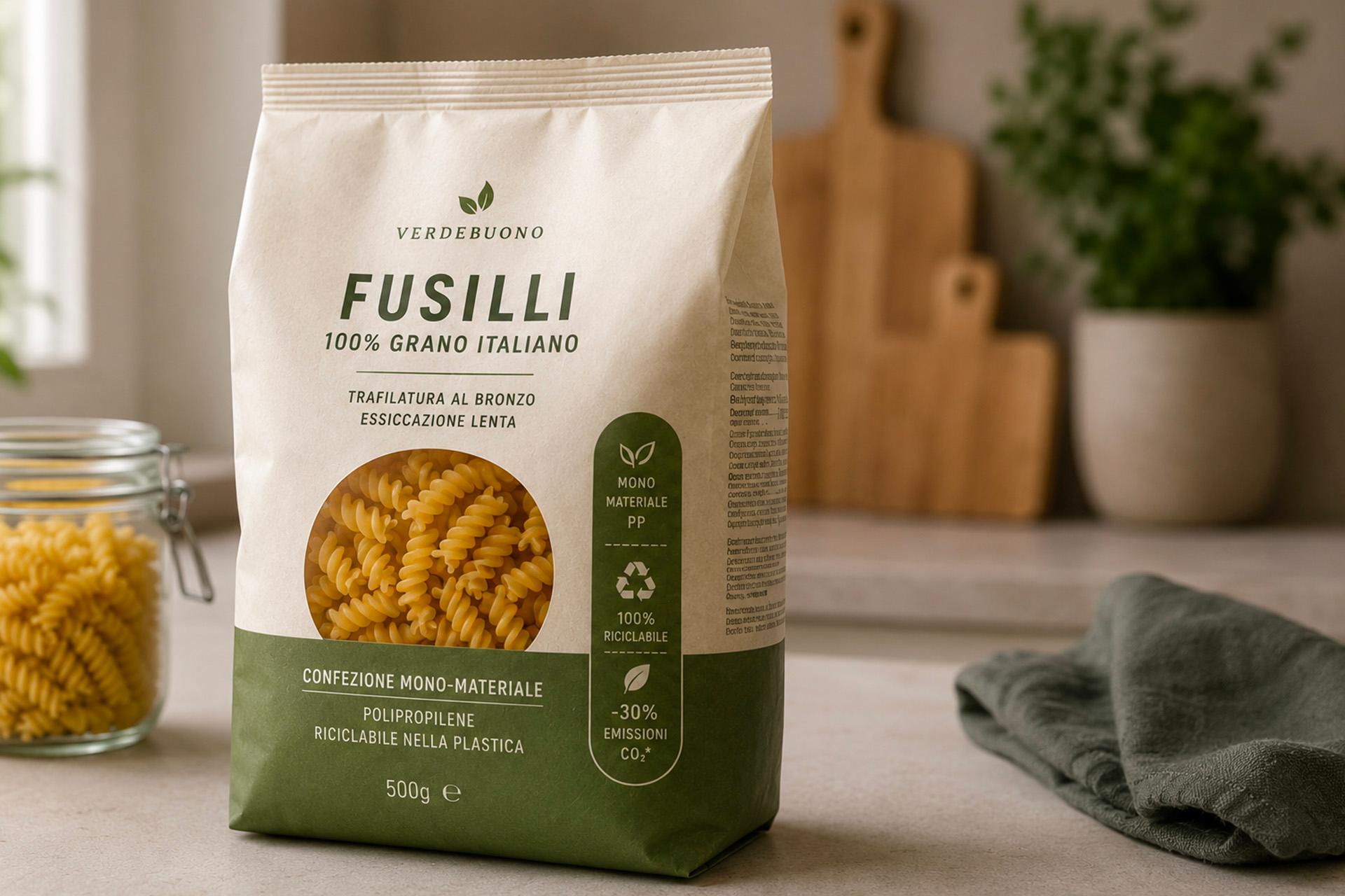 un-inquadratura-in-primo-piano-di-un-sacchetto-di-pasta-da-cinquecentogrammi-di-fusilli-cento-per-cento-grano-italiano-del-marchio-verdebuono-posizionato-su-un-piano-di-lavoro-in-cucina-il-packaging-in-carta-chiara-e-verde-presenta-una-finestra-trasparente-circolare-che-mostra-la-pasta-all-interno-e-riporta-diciture-sulla-sostenibilità-come-confezione-mono-materiale-polipropilene-riciclabile-nella-plastica-e-meno-trenta-per-cento-emissioni-di-co2-sullo-sfondo-sfocato-si-intravedono-un-barattolo-di-vetro-pieno-di-fusilli-taglieri-in-legno-un-tovagliolo-verde-e-una-piantina-in-un-vaso