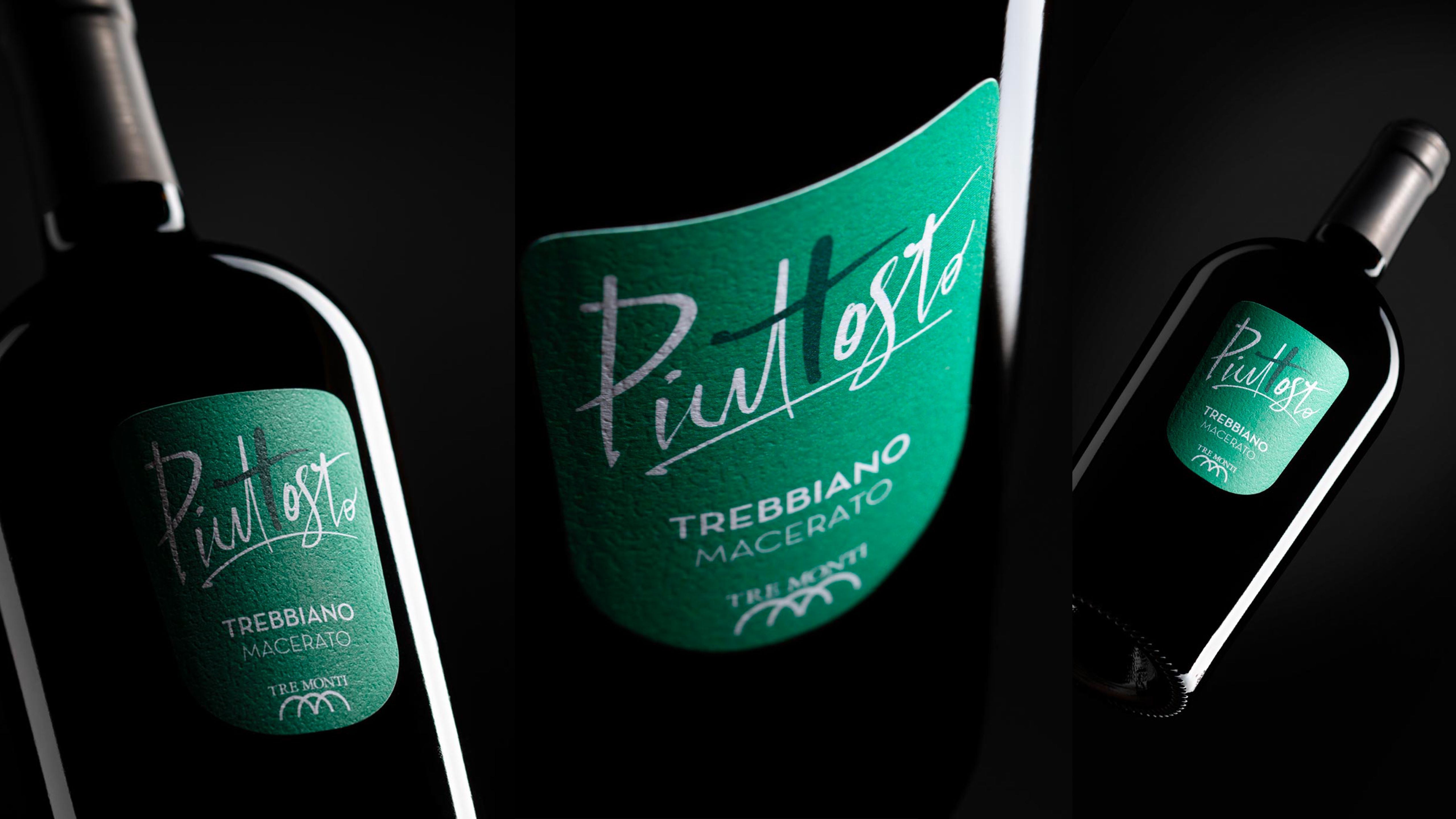A composition of three details of the Tre Monti wine bottle, with a green label, Trebbiano Macerato, on a black background.
