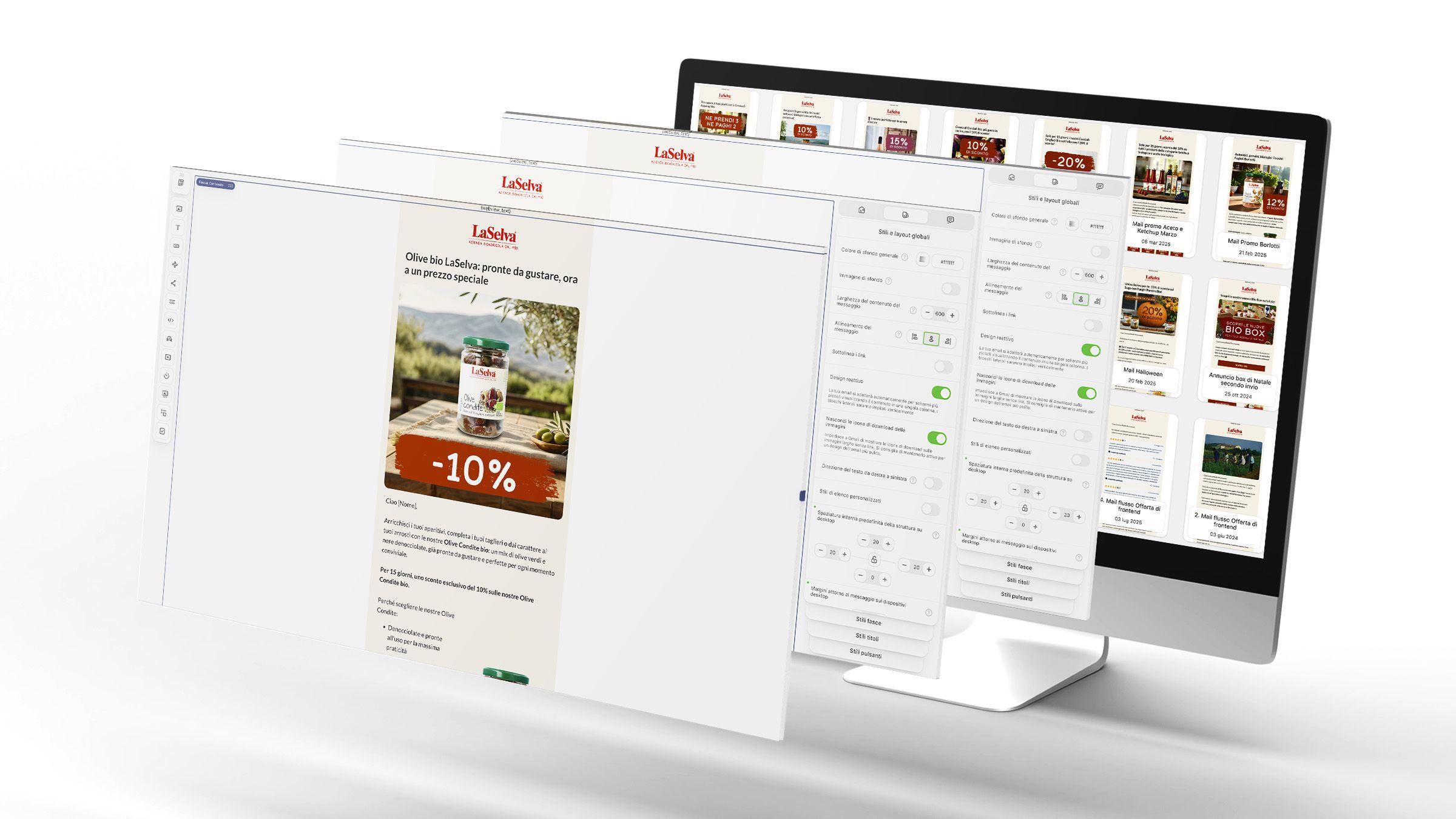 Perspective composition on a computer monitor of the LaSelva email marketing software interface. In the foreground, the creation of a promotional email offering a 10% discount on whole grain cereals, alongside the layout customization panels and the gallery of previous campaigns.