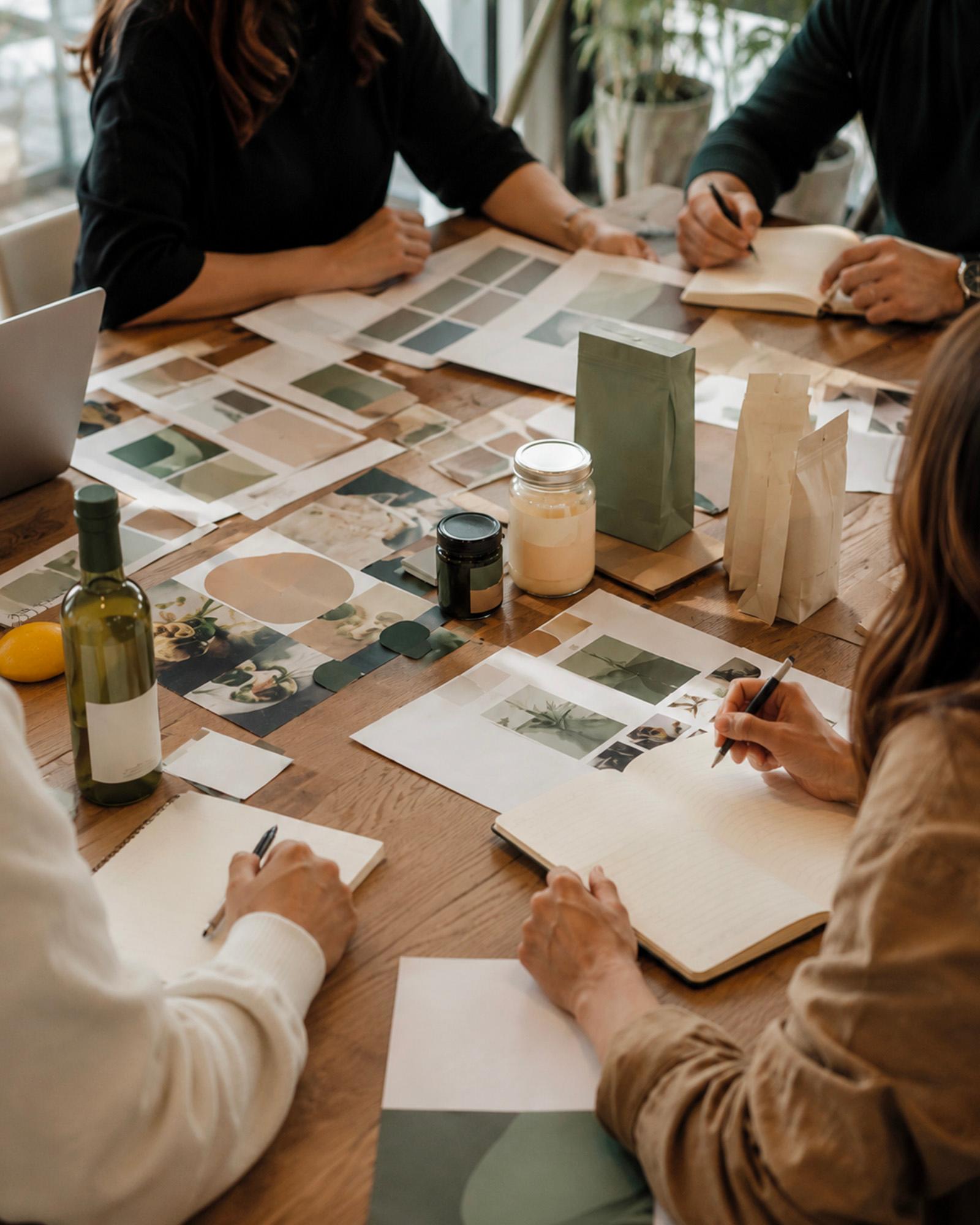 un-gruppo-di-quattro-persone-sedute-attorno-a-un-tavolo-di-legno-che-lavorano-su-un-progetto-di-branding-sul-tavolo-ci-sono-una-bottiglia-di-vino-sacchetti-di-caffè-barattoli-una-mood-board-con-campioni-di-colore-e-materiali-notebook-e-un-laptop-tutte-le-persone-sono-sfocate-mentre-gli-oggetti-sul-tavolo-sono-a-fuoco