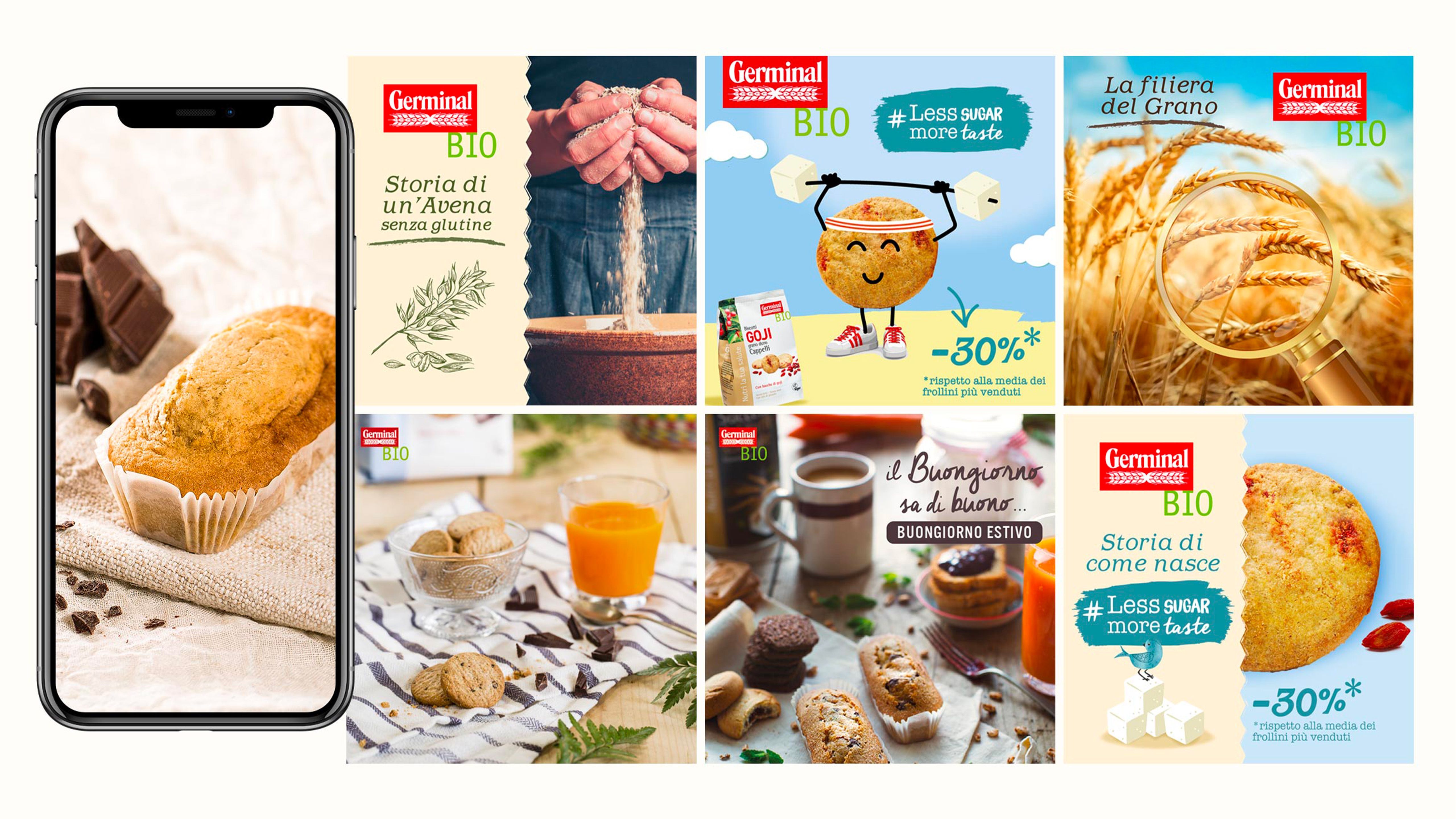 Composition of smartphones and Germinal Bio promotional graphics featuring oat and wheat baked goods and messaging on reduced sugar content, on a light background