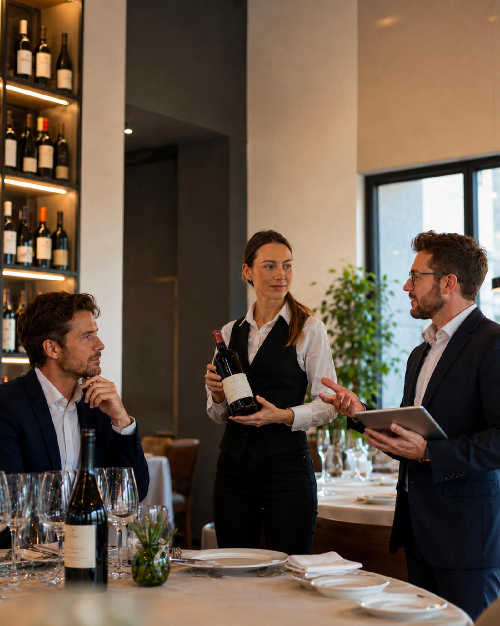 un-cameriere-con-una-bottiglia-di-vino-rosso-e-un-uomo-con-un-tablet-che-parlano-con-un-cliente-seduto-al-tavolo-di-un-ristorante