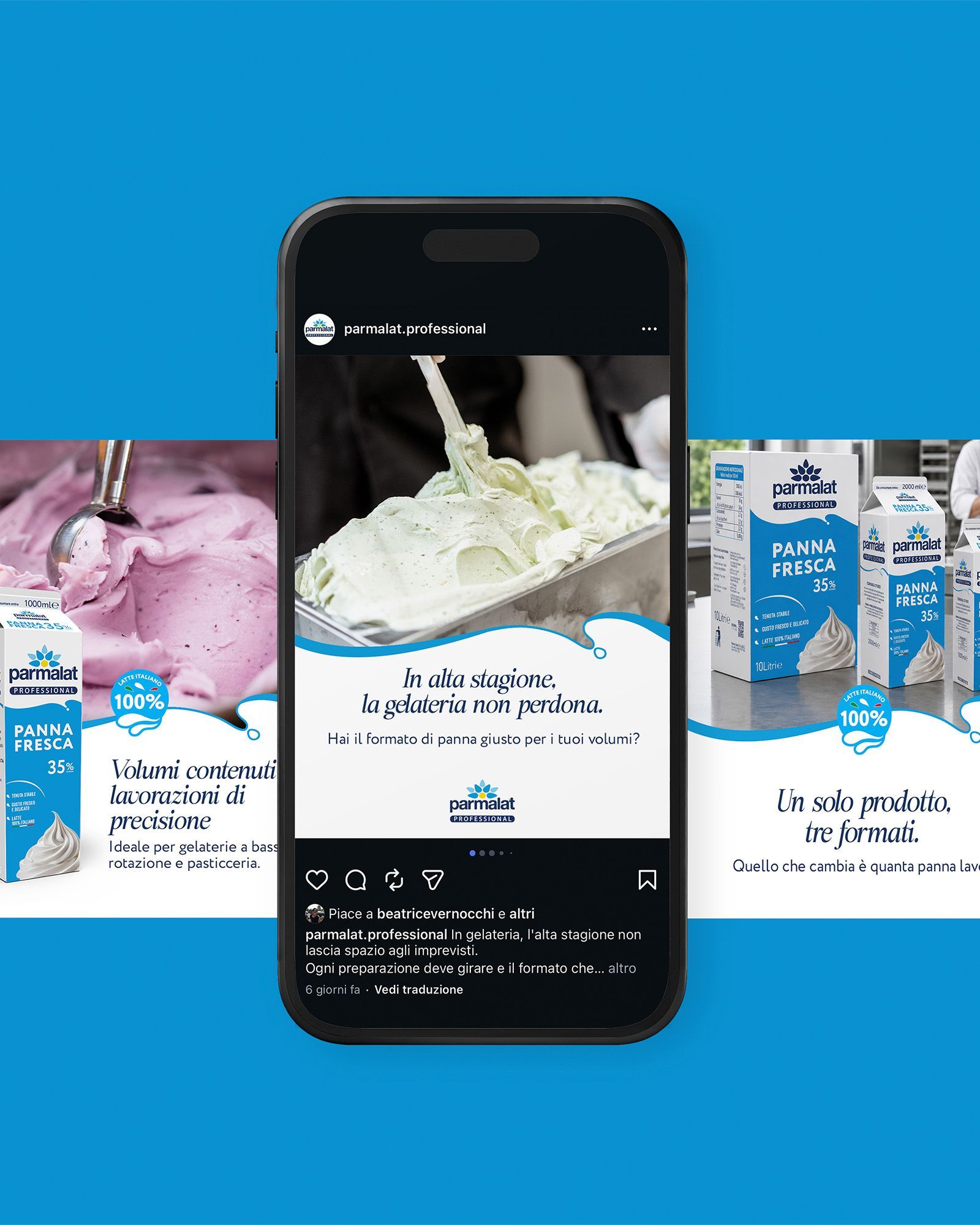 Smartphone showing a Parmalat Professional Instagram post on gelato shops and fresh cream, with social content displayed side by side on a light blue background