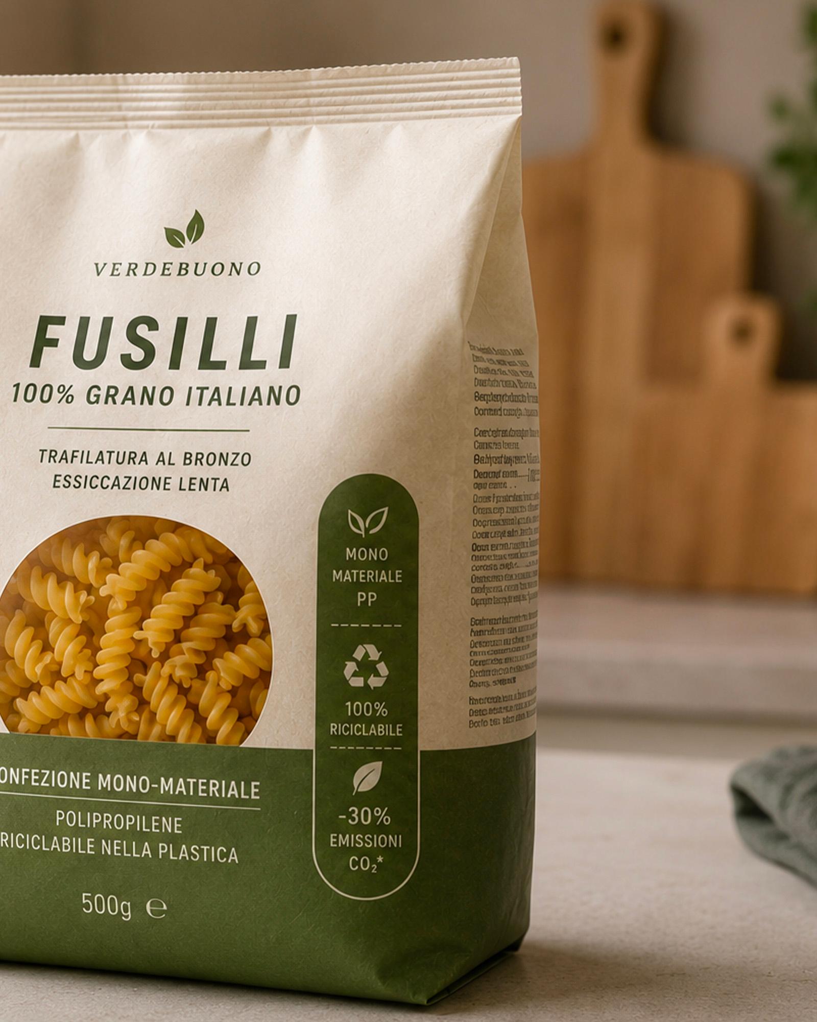 un-inquadratura-in-primo-piano-di-un-sacchetto-di-pasta-da-cinquecentogrammi-di-fusilli-cento-per-cento-grano-italiano-del-marchio-verdebuono-posizionato-su-un-piano-di-lavoro-in-cucina-il-packaging-in-carta-chiara-e-verde-presenta-una-finestra-trasparente-circolare-che-mostra-la-pasta-all-interno-e-riporta-diciture-sulla-sostenibilità-come-confezione-mono-materiale-polipropilene-riciclabile-nella-plastica-e-meno-trenta-per-cento-emissioni-di-co2-sullo-sfondo-sfocato-si-intravedono-un-barattolo-di-vetro-pieno-di-fusilli-taglieri-in-legno-un-tovagliolo-verde-e-una-piantina-in-un-vaso