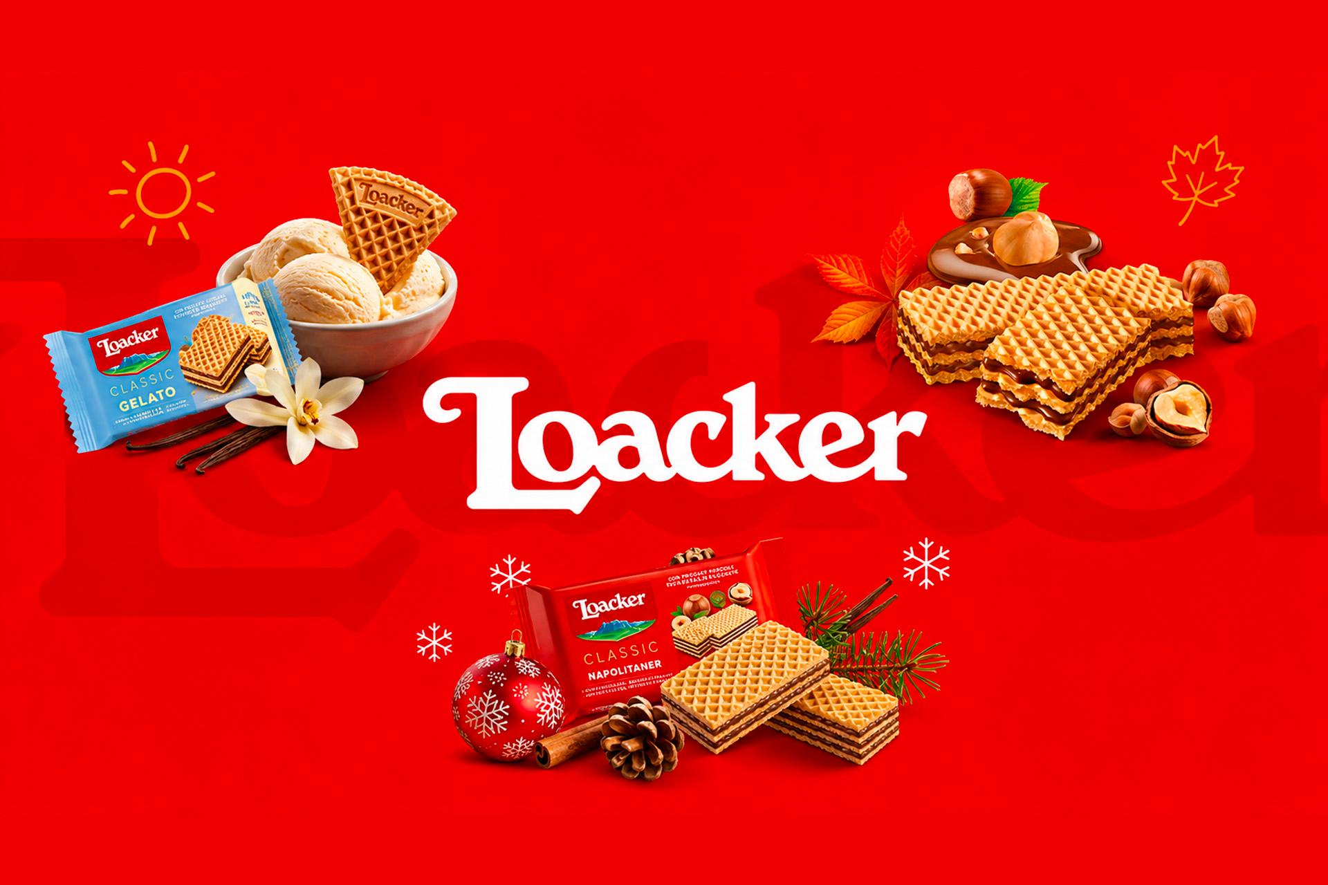 immagine-pubblicitaria-dei-prodotti-loacker-su-sfondo-rosso-in-alto-a-sinistra-confezione-di-wafer-al-gelato-vaniglia-e-una-coppa-di-gelato-crema-con-un-wafer-in-alto-a-destra-wafer-alla-nocciola-impilati-e-nocciole-sciolte-con-crema-al-cioccolato-in-basso-confezione-di-wafer-napolitaner-e-decorazioni-natalizie-come-una-pallina-rossa-pigne-e-rametti-di-abete-il-logo-loacker-bianco-al-centro