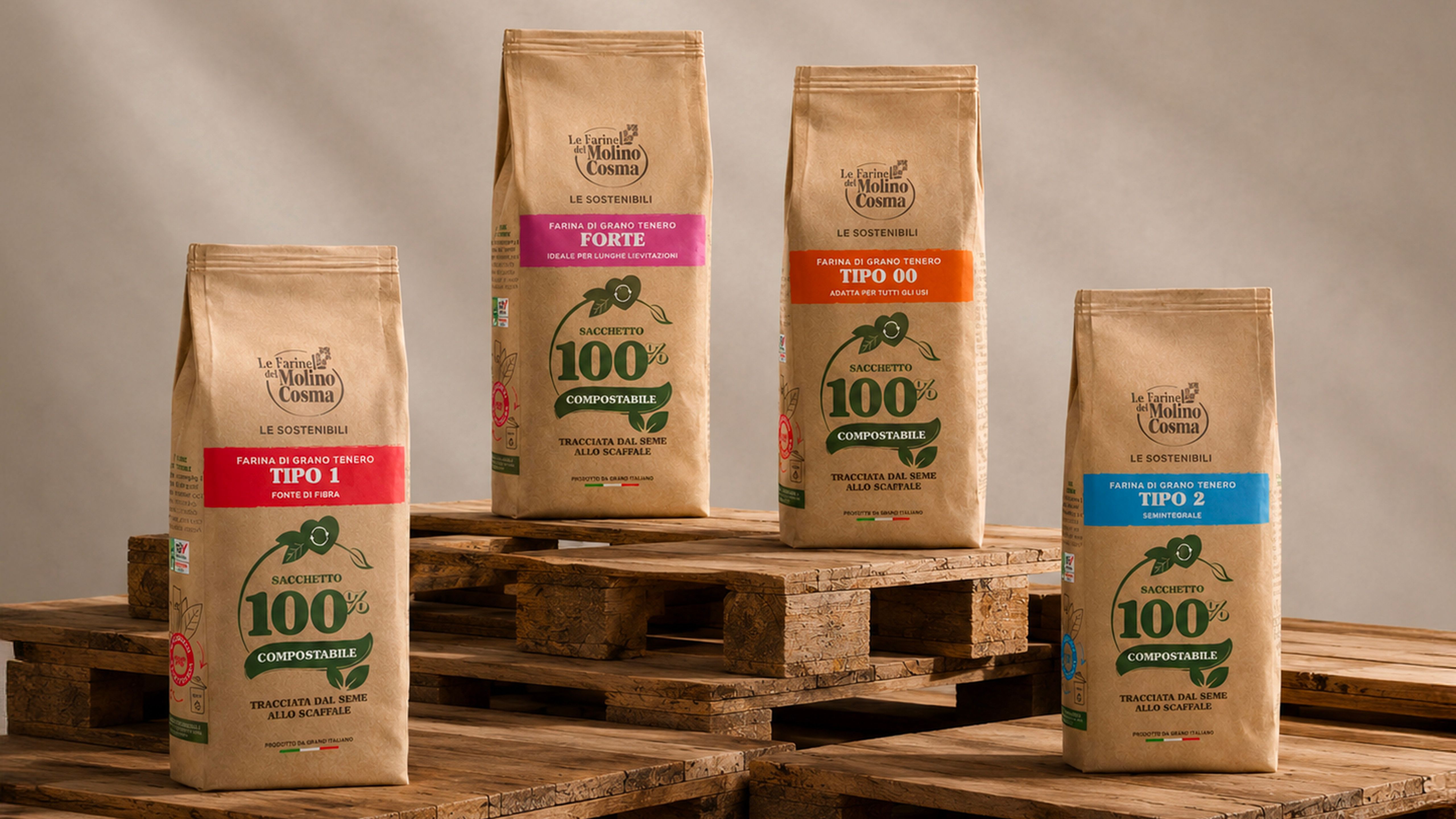 Four Molino Cosma soft wheat flour packs — type 00, type 1, type 2, and strong flour — on a wooden pallet, beige background