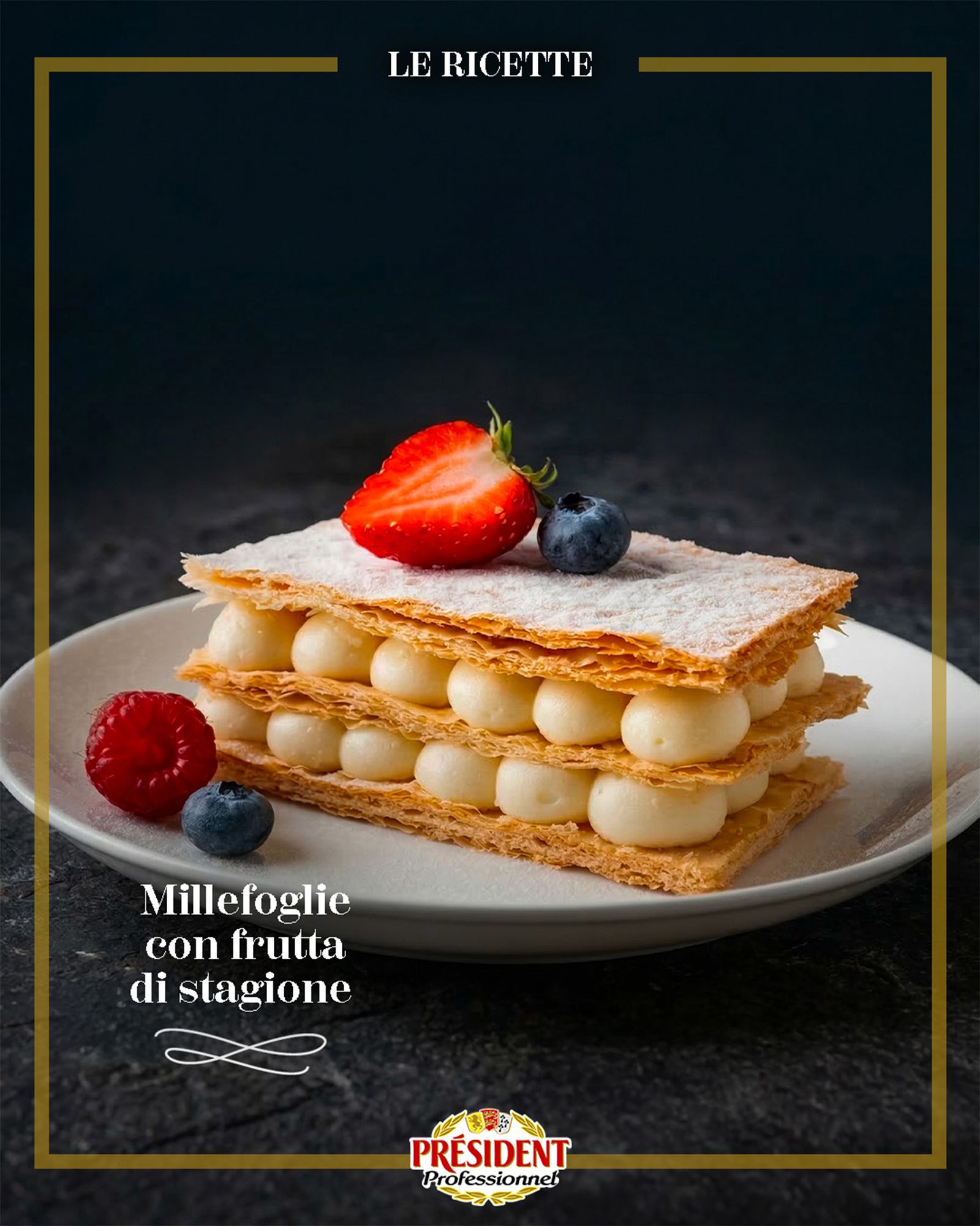 Mille-feuille with cream and mixed berries on a plate, with Président Professionnel graphics and the recipe title
