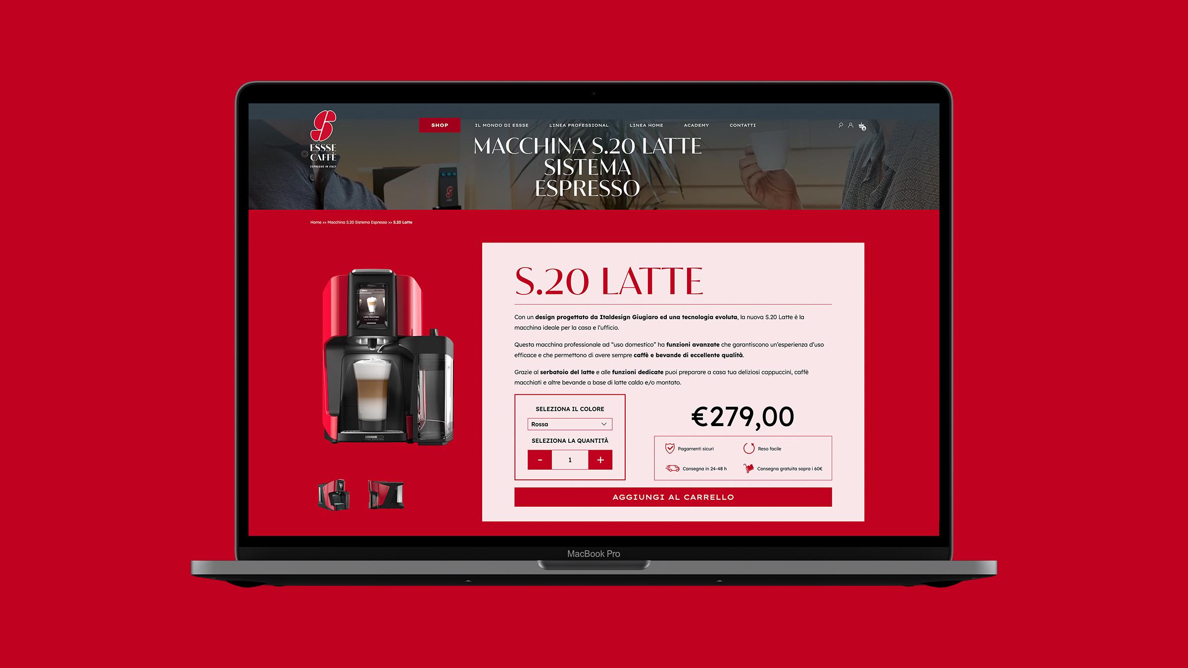 un-laptop-macbook-pro-che-mostra-la-pagina-del-sito-web-di-essse-caffè-su-uno-sfondo-rosso-con-la-descrizione-della-macchina-s-venti-latte-sistema-espresso-e-l'immagine-della-macchina-stessa-in-rosso-e-nero-con-il-prezzo-di-duecentosettantanove-euro-e-il-pulsante-aggiungi-al-carrello