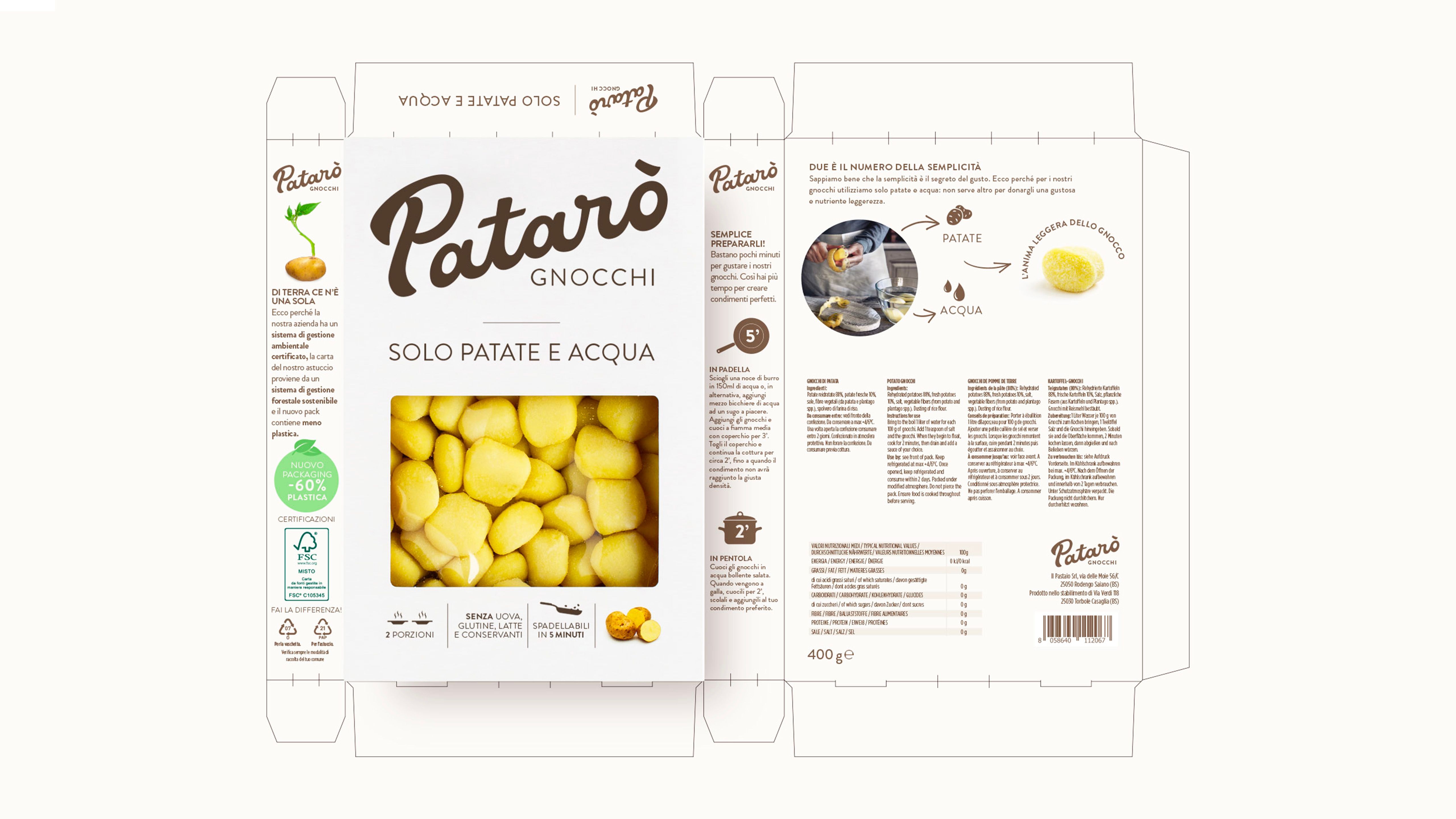 Die-cut of the Patarò gnocchi pack — 'just potatoes and water' — showing the product image, ingredients, instructions and nutritional information, on a light background.