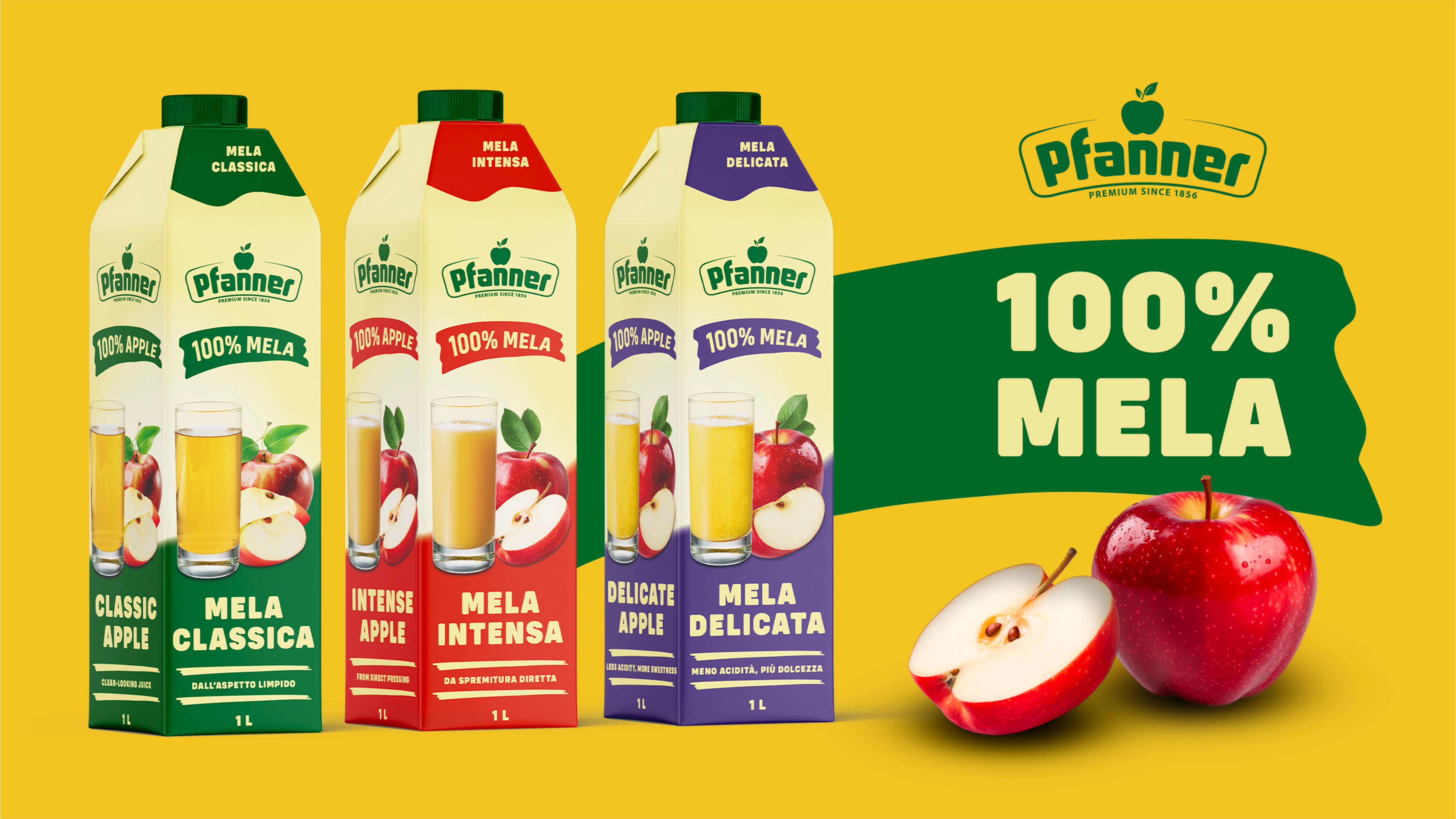 Pfanner apple juice packs — Classica, Intensa, and Delicata — with the '100% apple' logo and red apples on a yellow background
