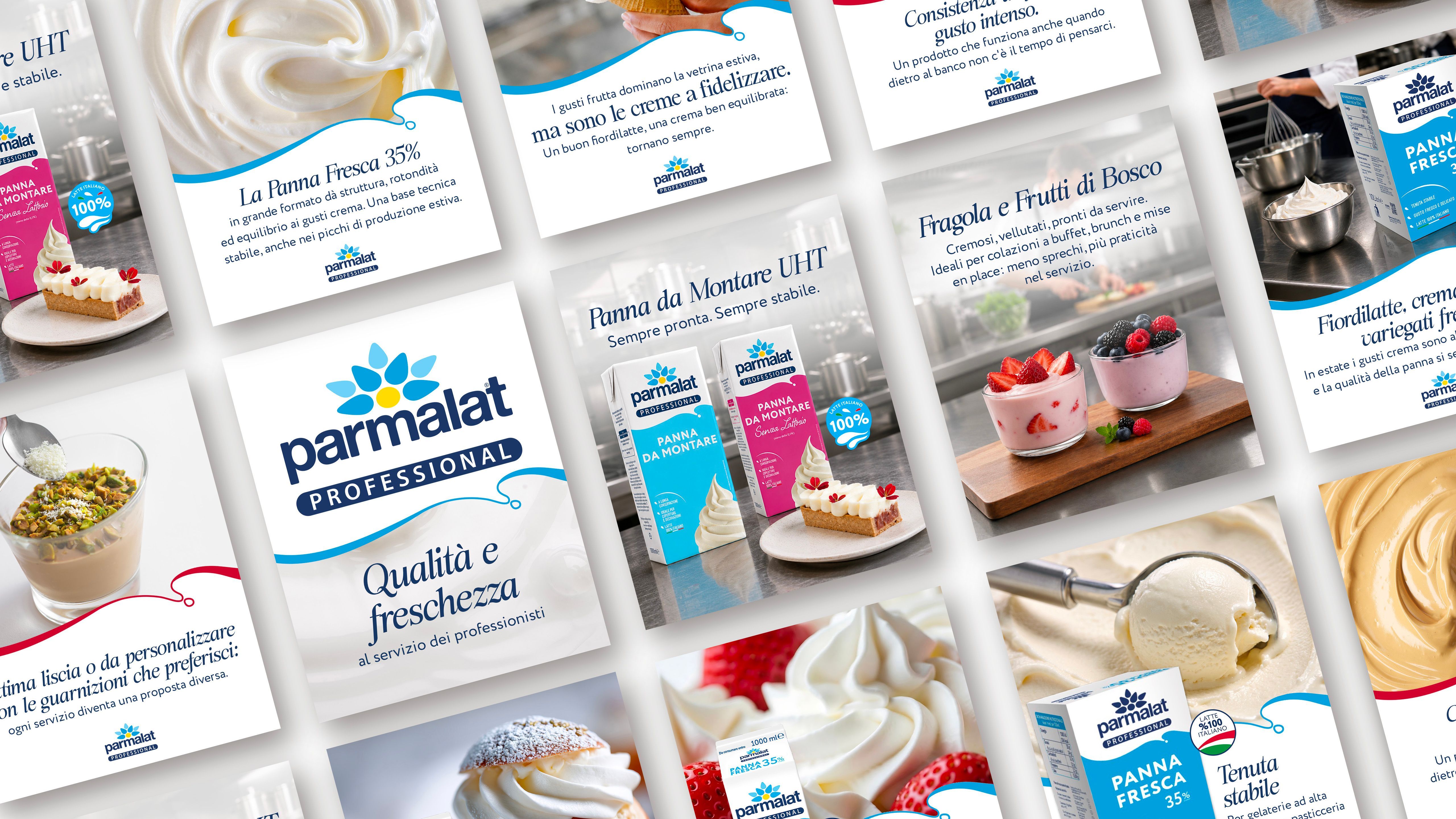 Collage of Parmalat Professional social content featuring fresh cream, whipping cream, desserts and pastry products