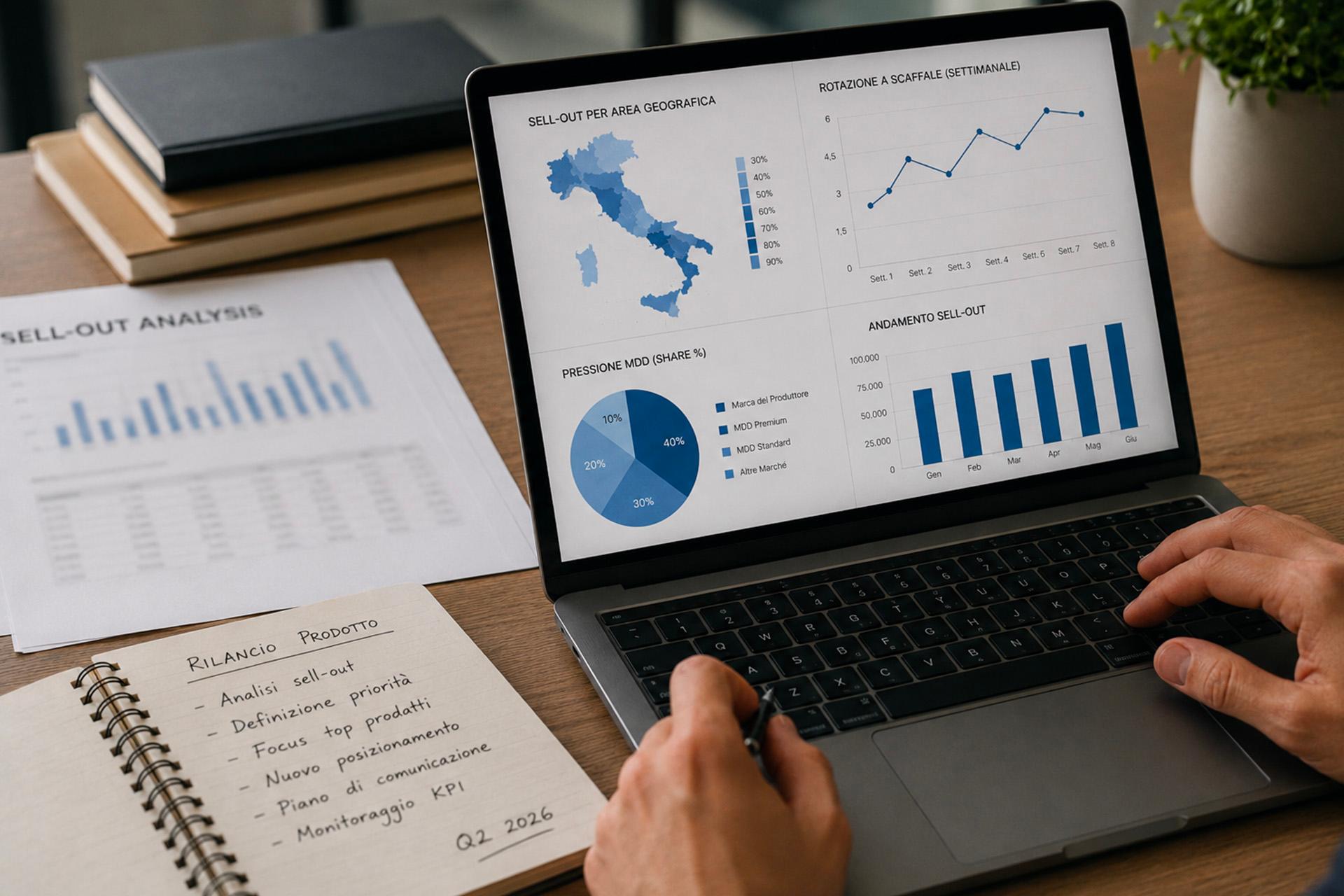 un-inquadratura-ravvicinata-dall-alto-dello-schermo-di-un-laptop-che-mostra-una-dashboard-aziendale-con-diversi-grafici-di-analisi-dati-tra-cui-una-mappa-dell-italia-per-il-sell-out-per-area-geografica-un-grafico-a-torta-sulla-pressione-mdd-e-grafici-a-linee-e-barre-sull-andamento-delle-vendite-in-primo-piano-la-mano-di-una-persona-impugna-una-penna-vicino alla-tastiera-mentre-sulla-scrivania-in-legno-sono-presenti-fogli-stampati-e-un-blocco-note-con-appunti-scritti-a-mano-intitolati-prodotto-relativi-a-strategie-e-al-monitoraggio-kpi-per-il-secondo-trimestre-duemilaventisei