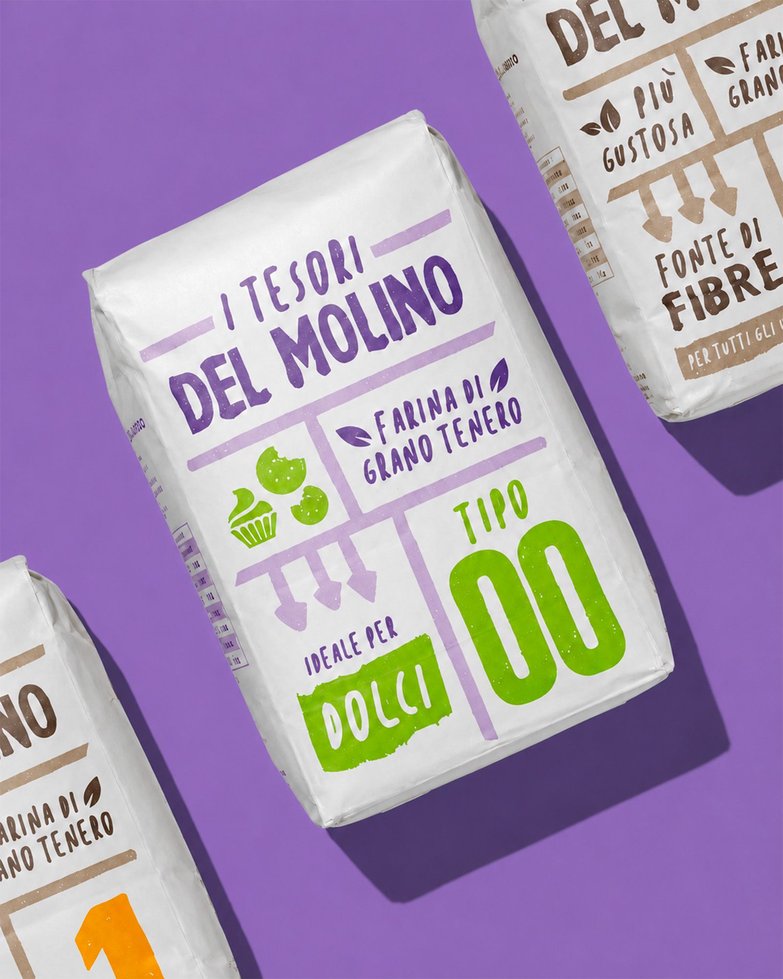 Tesori del Molino type 00 flour pack, ideal for desserts, on a purple background with other packs partially visible