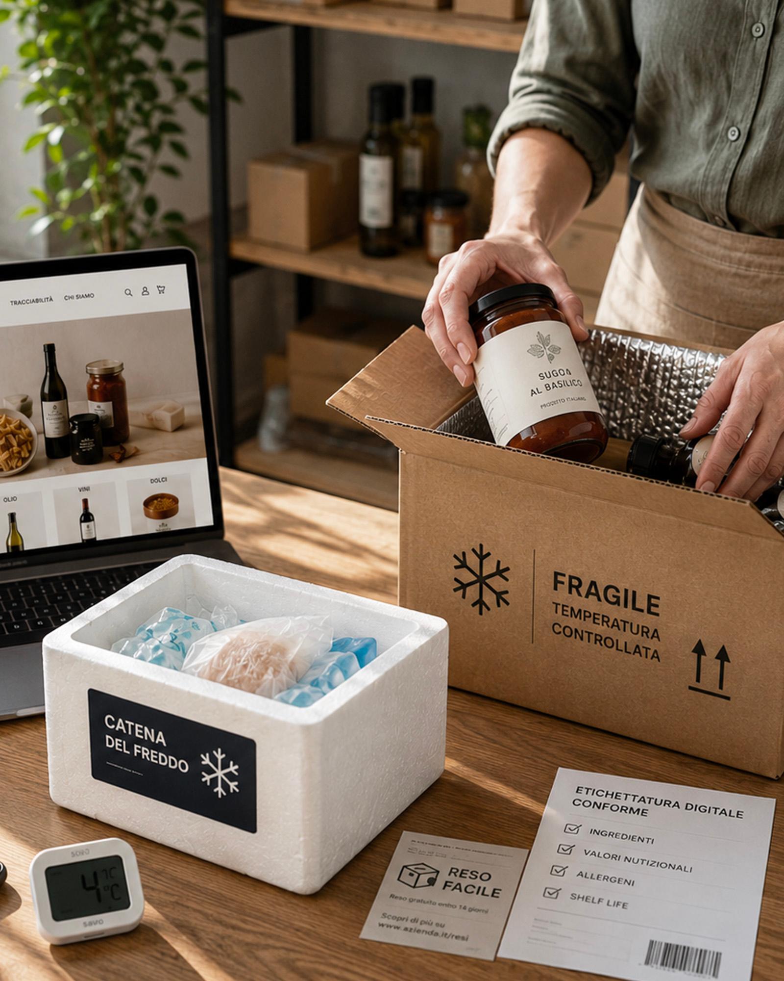 una-persona-che-imballa-un-barattolo-di-sugo-al-basilico-in-una-scatola-di-cartone-con-etichetta-fragile-e-temperatura-controllata-sul-tavolo-c-è-un-laptop-con-sito-di-e-commerce-di-prodotti-alimentari-italiani-una-scatola-di-polistirolo-con-pacchetti-refrigeranti-un-cellulare-e-un-termometro