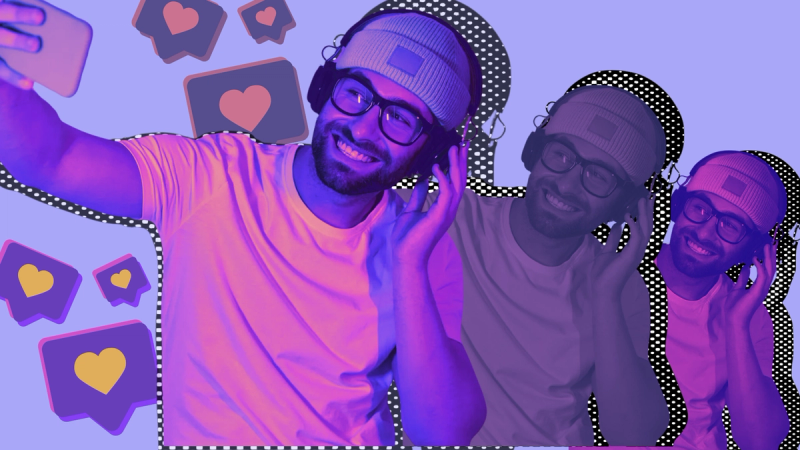 A modern pop-art digital illustration by Creally featuring a smiling man wearing a knit beanie, glasses, and headphones taking a selfie. The design elements showcase a trailing duplication effect of the man, floating purple "like" speech bubbles with pink and yellow hearts, and a pastel lavender background decorated with halftone patterns and sticker-style borders.