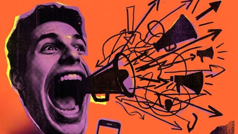 Pop-art illustration of a man shouting through a megaphone with arrows and speaker icons, serving as the main banner for a Creally article comparing micro vs macro influencers for mobile app growth and app installs.