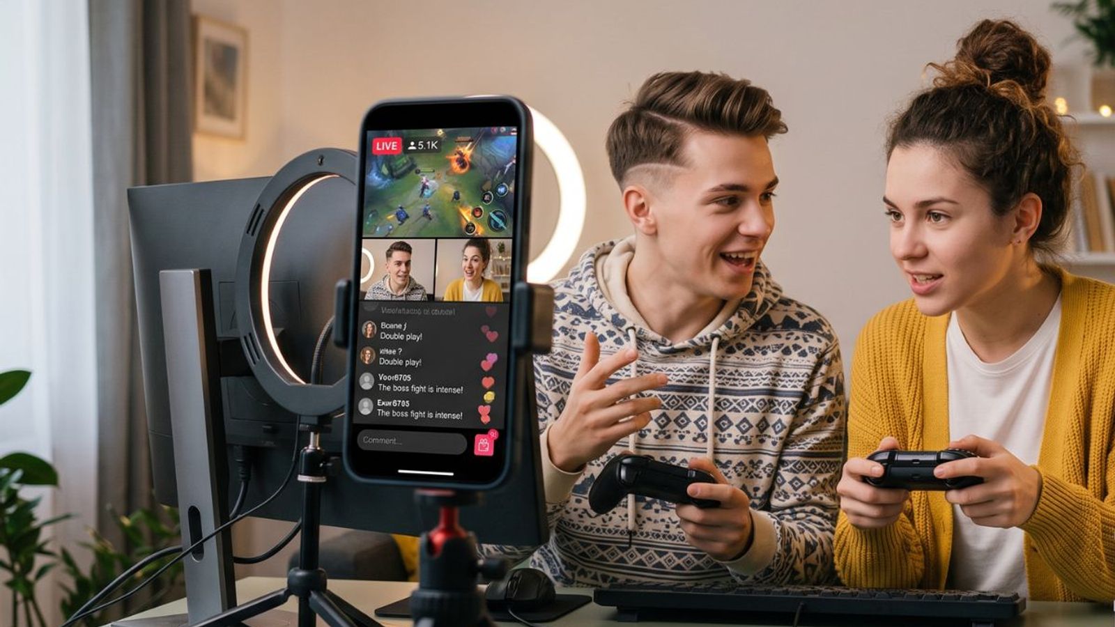 A multi-host co-streaming setup featuring a young man and woman holding game controllers during a Duo-Stream Battle, with an active mobile gaming stream interface monitored  next to a lighted menu sign.