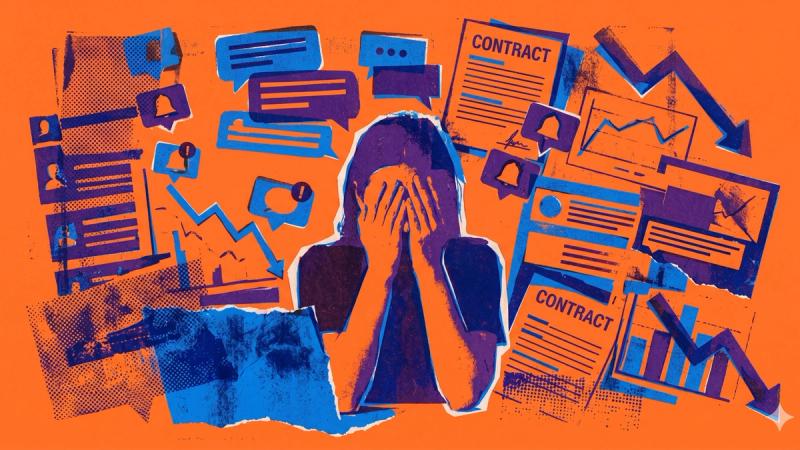 Creally illustration showing the 2026 influencer marketing salary crisis, where influencer marketers manage creator outreach, campaign strategy, contracts, analytics, and social media work while facing burnout, scope creep, and lower compensation.