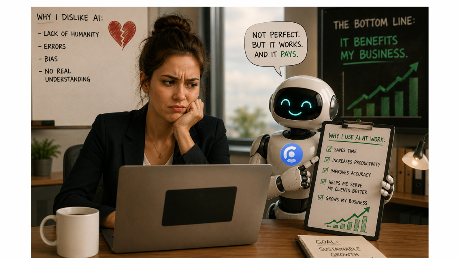 A conceptual business illustration showcasing a skeptical woman working on a laptop next to a helpful office robot, used to demonstrate how the Creally platform addresses AI concerns by delivering clear business benefits like increased productivity, saved time, and sustainable growth.