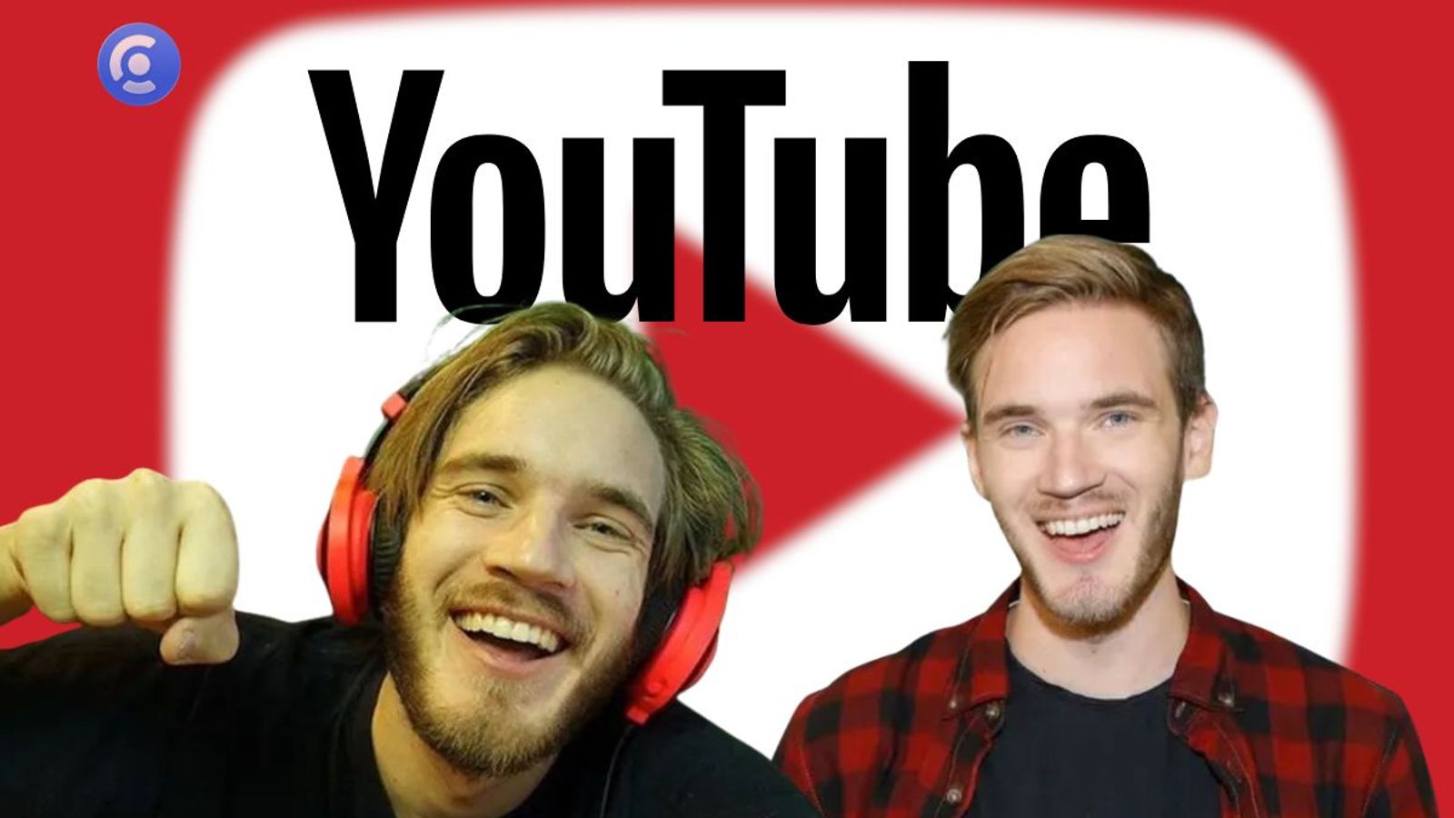 Two photos of YouTube creator PewDiePie superimposed over a large YouTube logo, featured in a Creally blog post analyzing creator economy trends and the Odysseus AI platform launch.