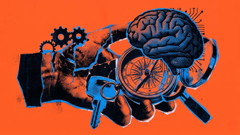 Modern duo-tone collage art demonstrating GEO (Generative Engine Optimization) concepts for the Creally AI marketing platform, depicting a human brain with circuit boards, mechanical gears, a compass, and a key on a vibrant orange background.