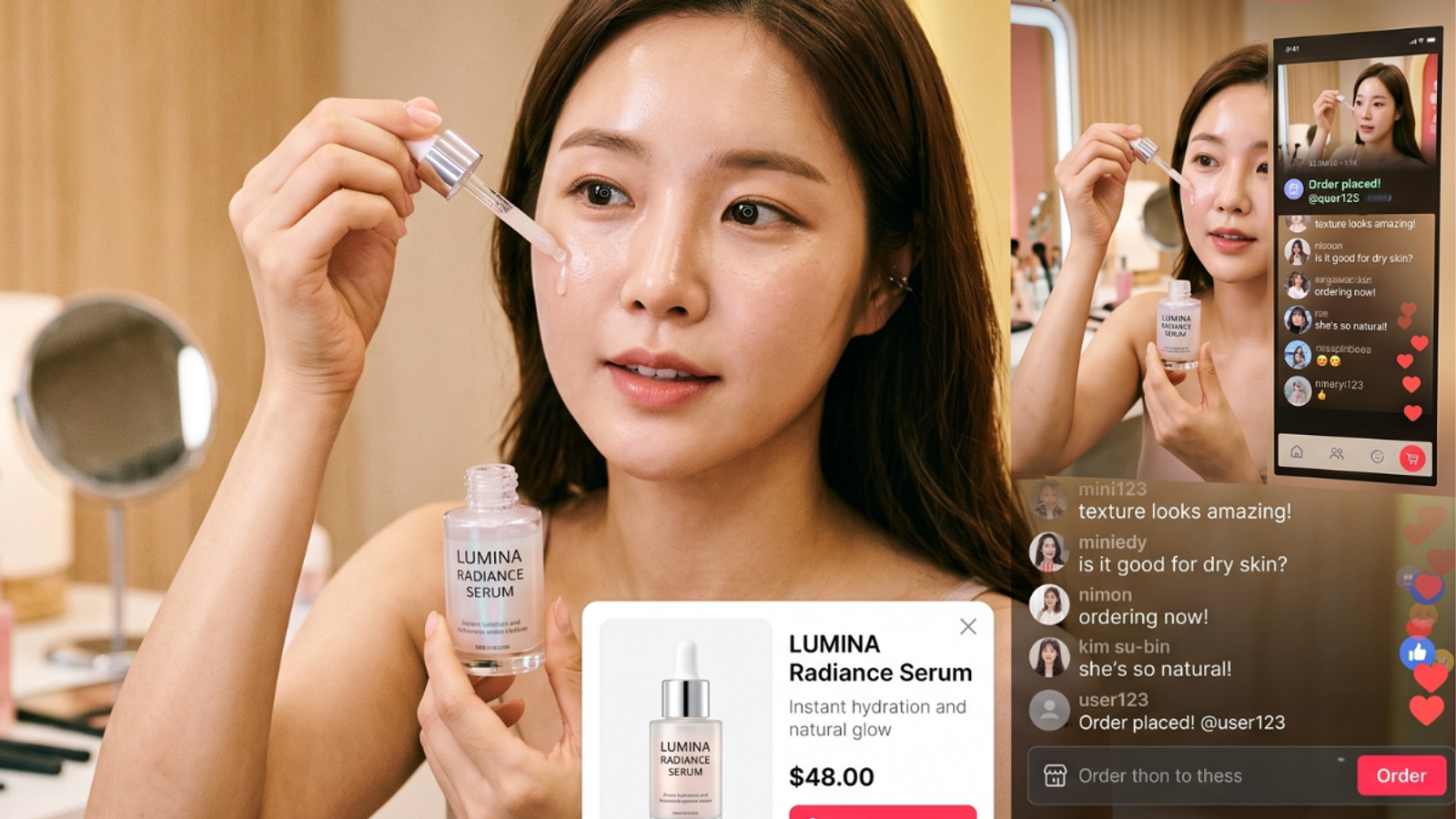 A beauty influencer hosting a live commerce stream, applying Lumina Radiance Serum to her face next to a smartphone screen displaying live chat comments, viewers count, and a native Creally instant checkout buy now pop-up widget.
